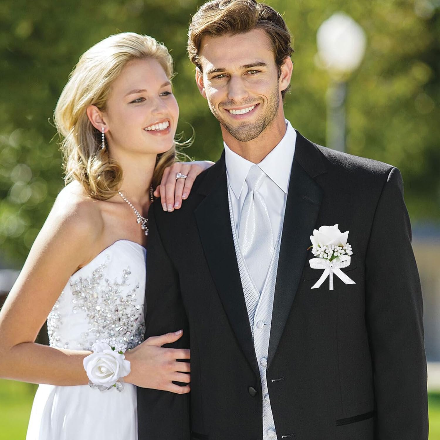 Wholesale 2Pcs White Rose Corsage and Boutonniere Set Wristlet Band for Prom Wedding Party Artificial Suit Flower Accessories Supplier Wholesale 2Pcs White Rose Corsage and Boutonniere Set Wristlet Band for Prom Wedding Party Artificial Suit Flower Accessories Supplier