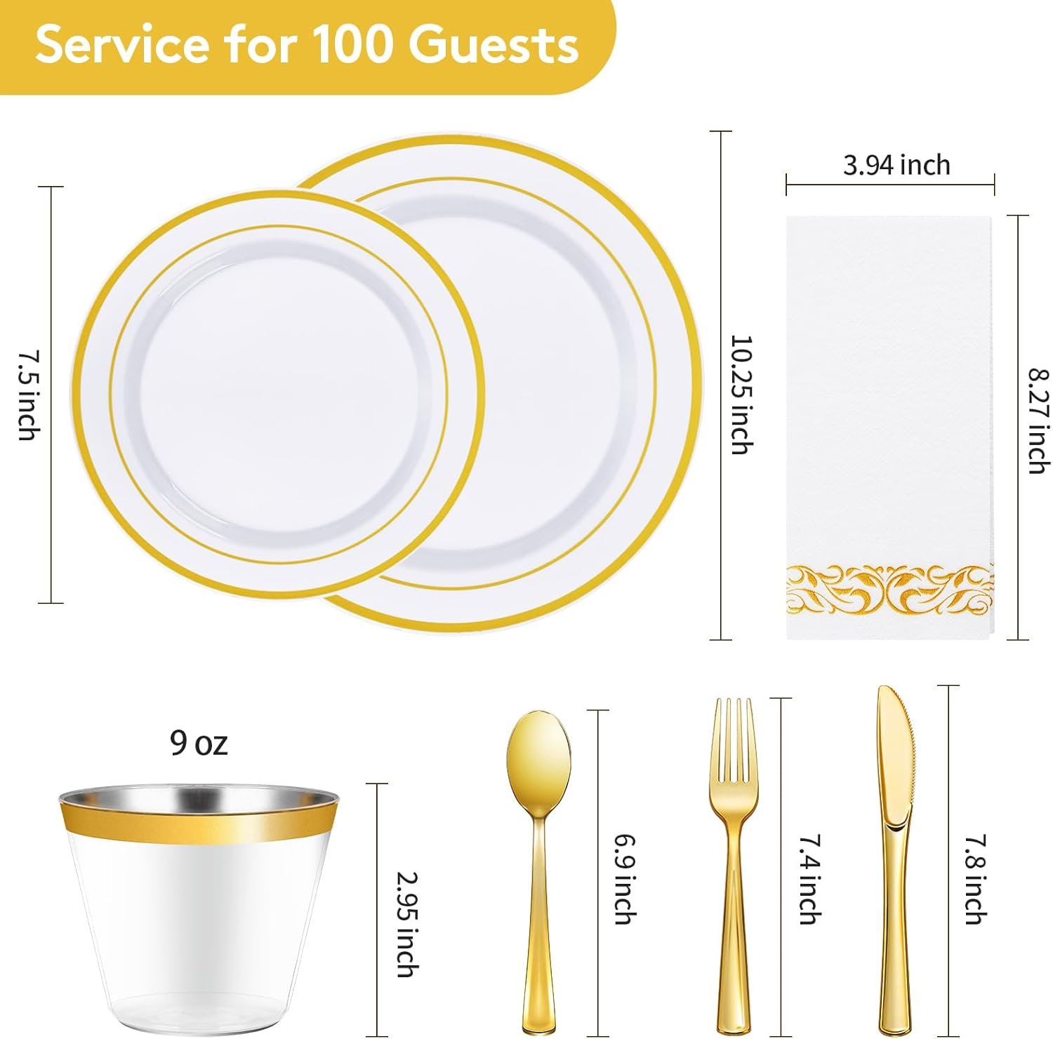 Wholesale 700 Piece Gold Dinnerware Set for 100 Guests Disposable Party Includes 100 Gold Rim Dinner Plates 100 Dessert Plates 100 Paper Napkins 100 Cups 100 Plastic Silverware Supplier