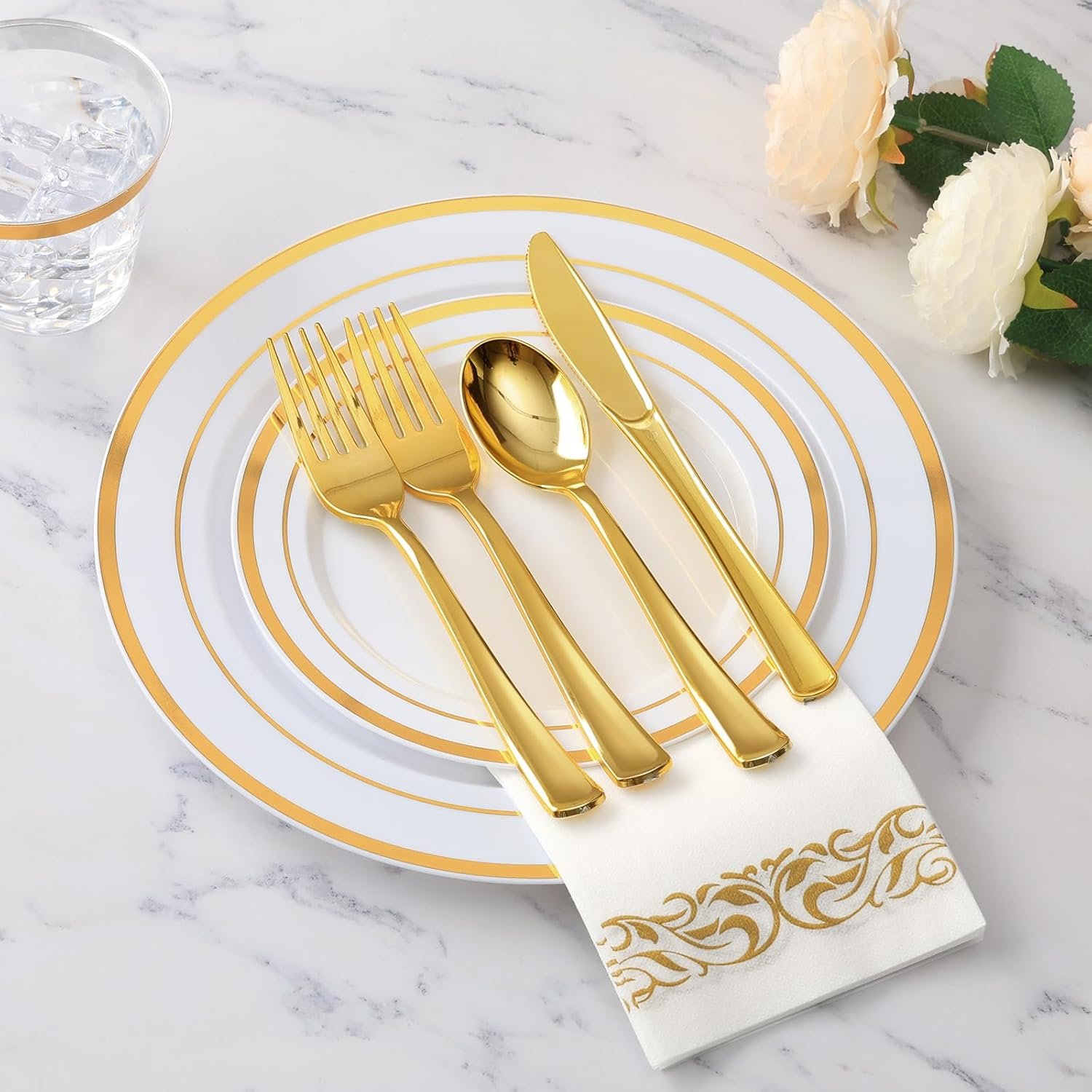 Wholesale 700 Piece Gold Dinnerware Set for 100 Guests Disposable Party Includes 100 Gold Rim Dinner Plates 100 Dessert Plates 100 Paper Napkins 100 Cups 100 Plastic Silverware Supplier