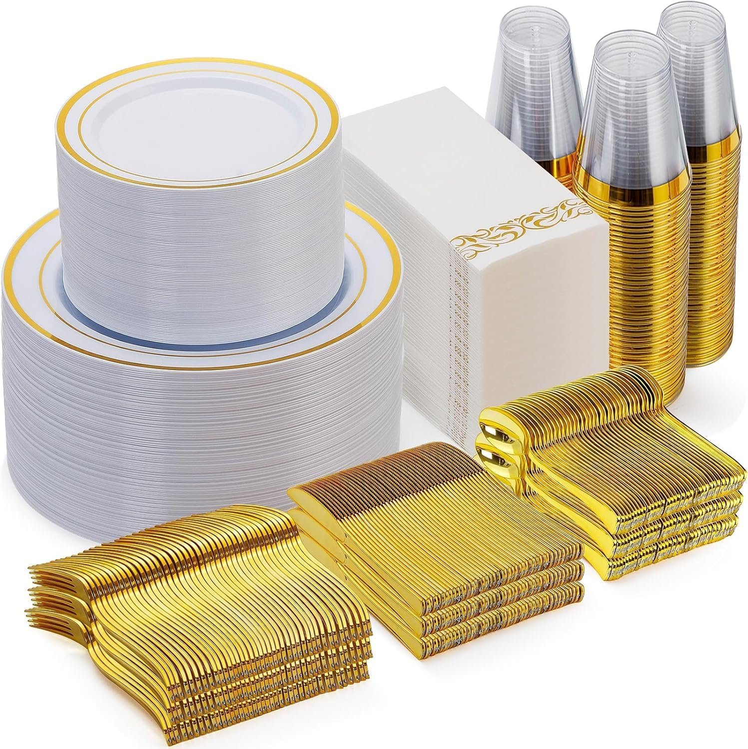 Goodluck 700 Piece Gold Dinnerware Set for 100 Guests, Disposable for Party, Include: 100 Gold Rim Dinner Plates, 100 Dessert Plates, 100 Paper Napkins, 100 Cups, 100 Plastic Silverware Set
