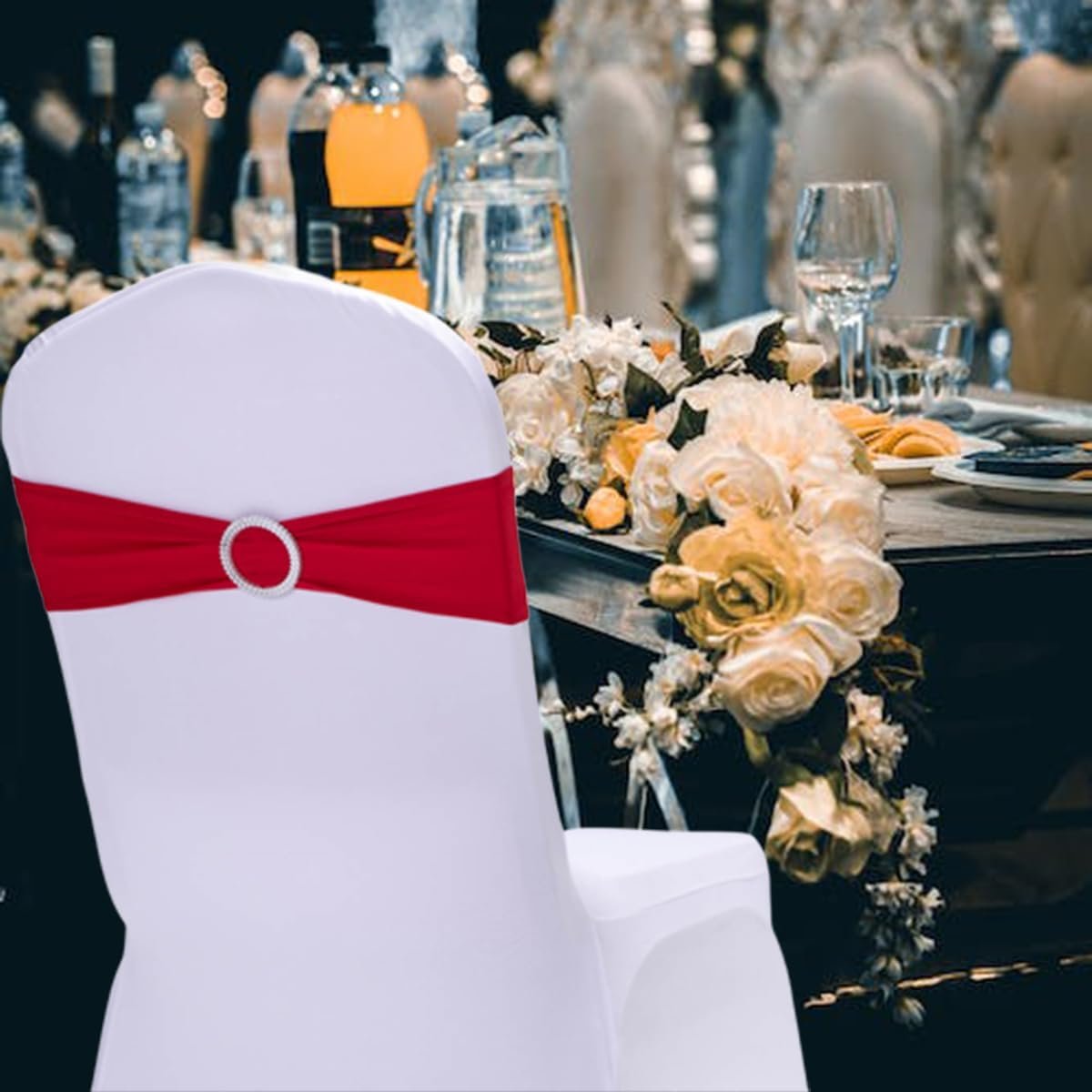 Wholesale 10 Pack Red Stretch Spandex Chair Sashes Elastic Bows with Buckle Wedding Party Banquet Event Decoration Supplier