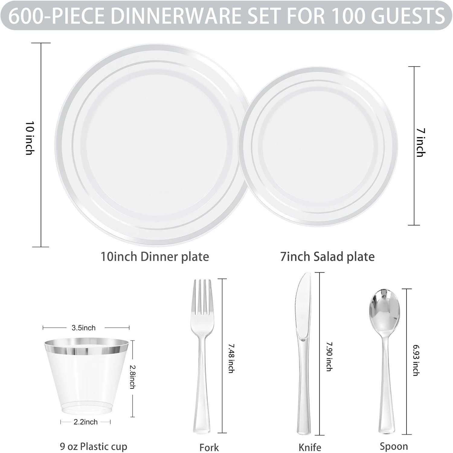 Wholesale 600 PCS Silver Disposable Dinnerware Set for 100 Guests Plates Cups Forks Knives Spoons Supplier Wholesale 600 PCS Silver Disposable Dinnerware Set for 100 Guests Plates Cups Forks Knives Spoons Supplier