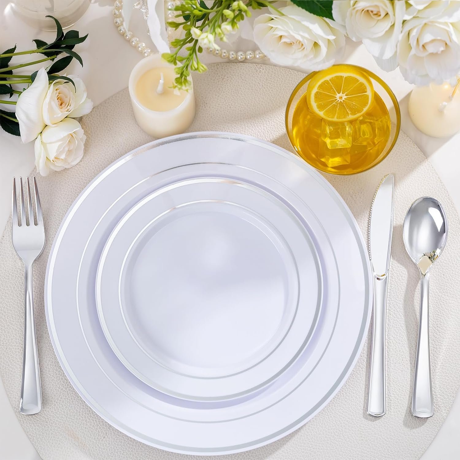 Wholesale 600 PCS Silver Disposable Dinnerware Set for 100 Guests Plates Cups Forks Knives Spoons Supplier Wholesale 600 PCS Silver Disposable Dinnerware Set for 100 Guests Plates Cups Forks Knives Spoons Supplier