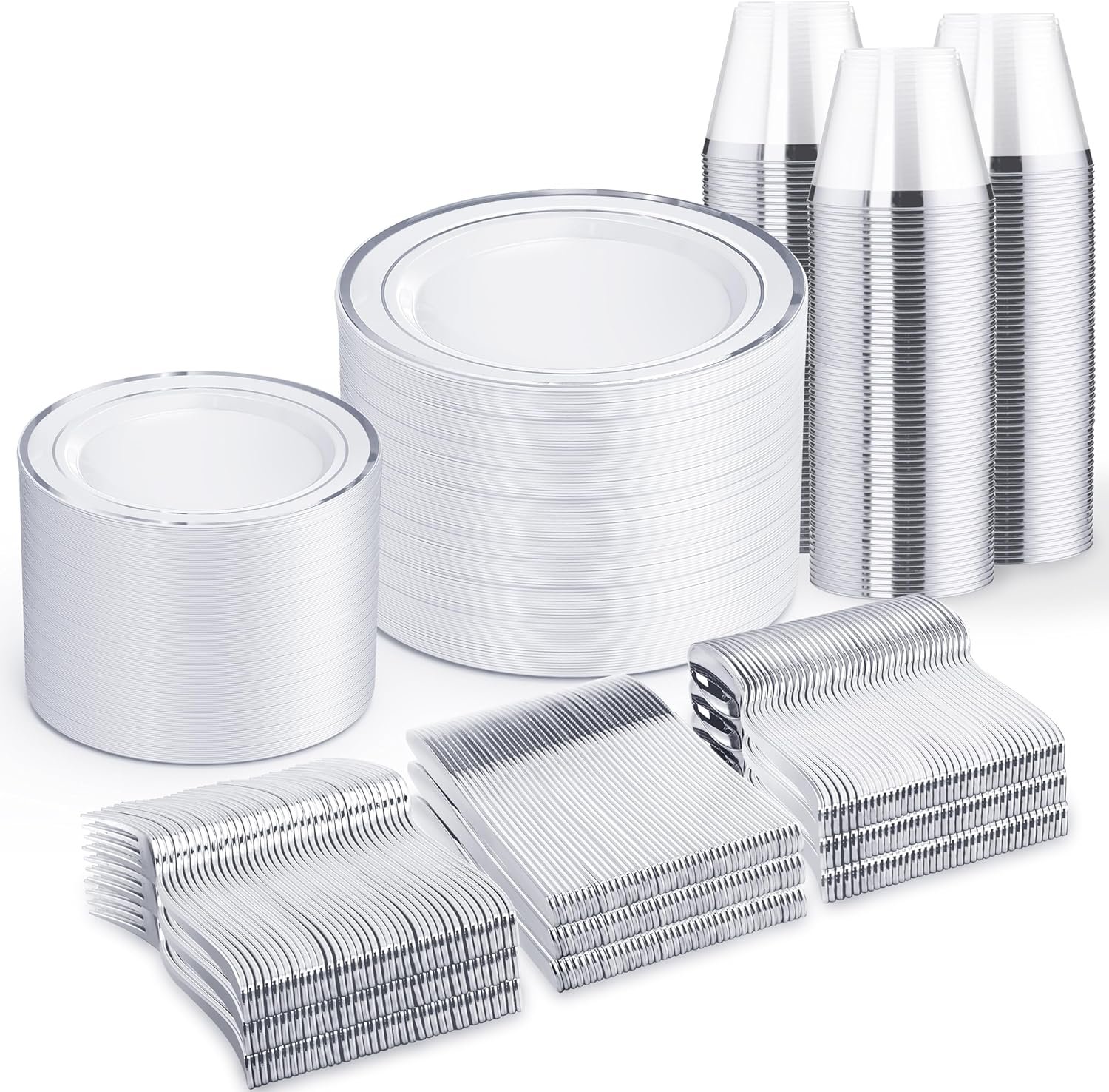 WELLIFE 600 PCS Silver Disposable Dinnerware Set for 100 Guests, Wedding Reception Plates & Silver Plastic Tableware, Dinner & Salad Plates, Cups, Forks, Knives & Spoons for Weddings & Elegant Events