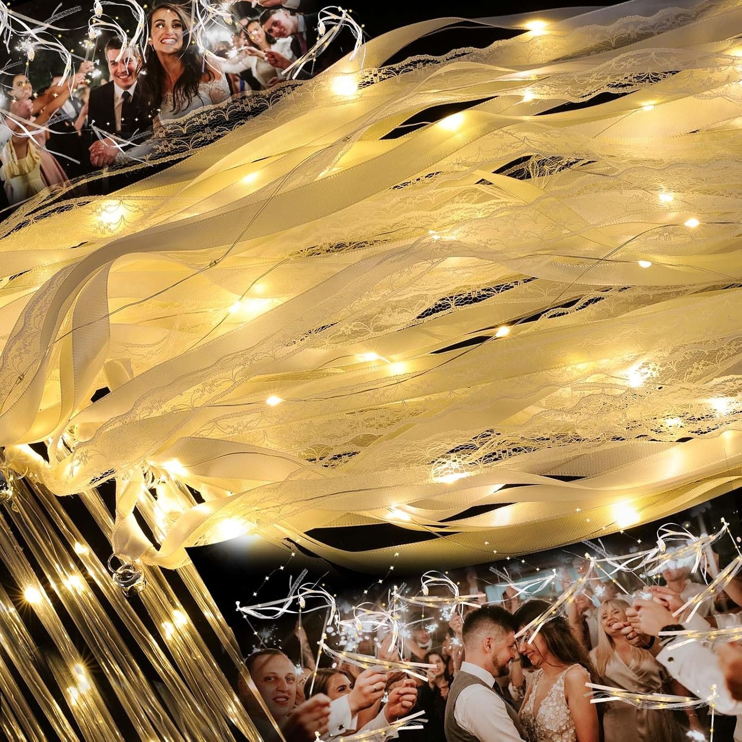 Wholesale 100 Pcs LED Silk Fairy Wedding Wands 3 Colorful Flashing Modes Glow Ribbon Sticks with Bells Warm White for Wedding Graduation Parties Supplier