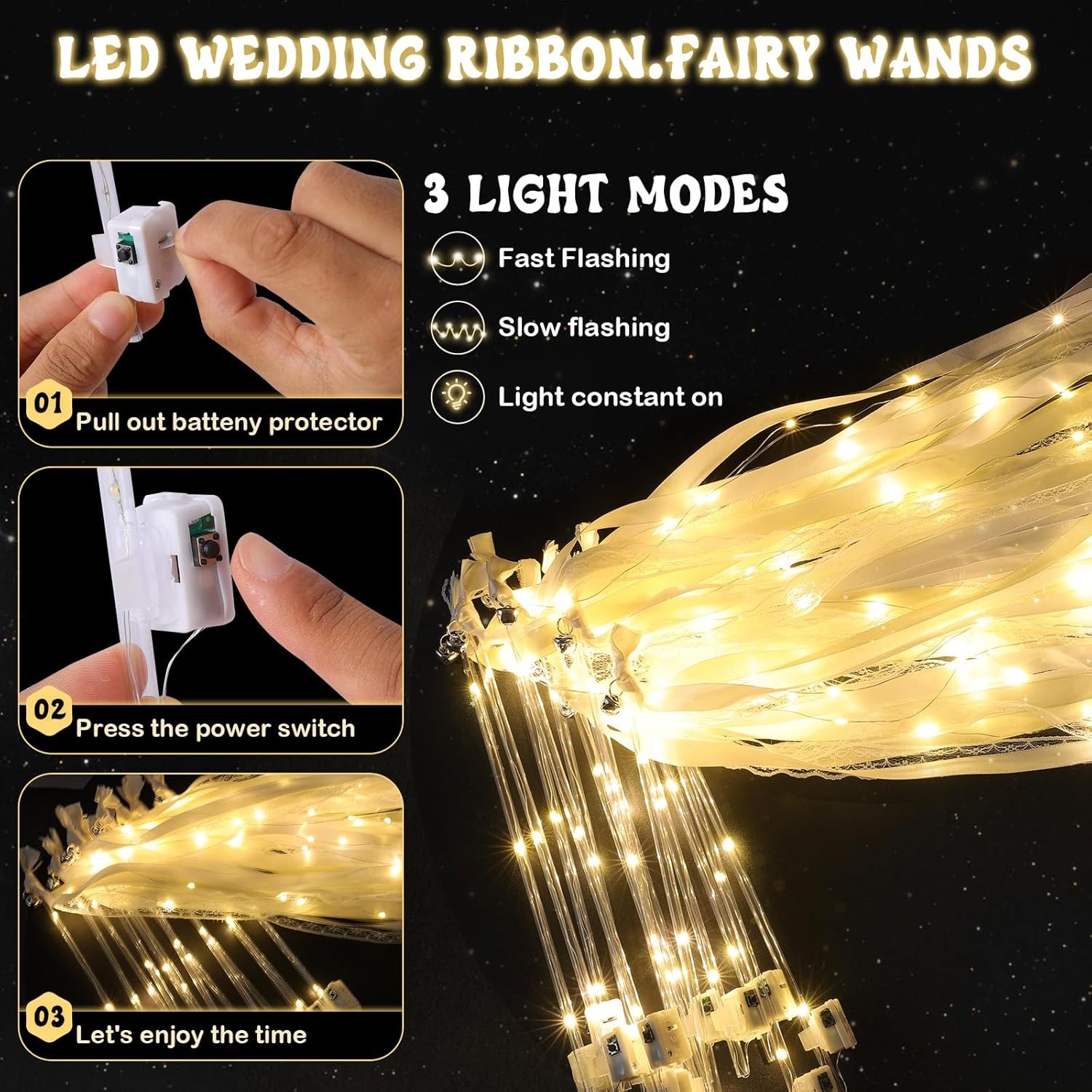 Wholesale 100 Pcs LED Silk Fairy Wedding Wands 3 Colorful Flashing Modes Glow Ribbon Sticks with Bells Warm White for Wedding Graduation Parties Supplier