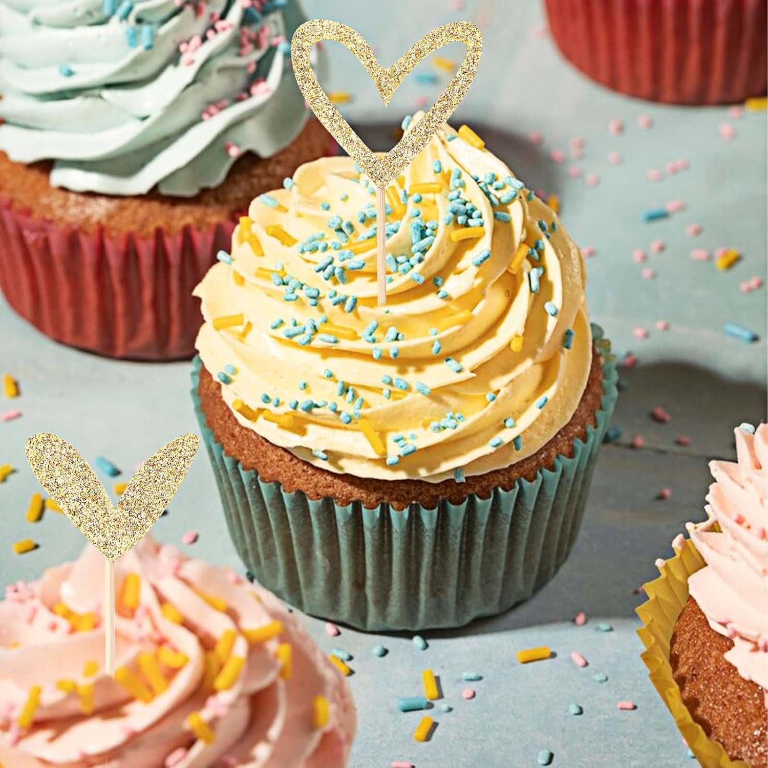 Wholesale 24 PCS Glitter Gold Love Heart Cupcake Toppers Sticks for Wedding Engagement Bridal Shower Valentine's Birthday Parties 2 Styles Supplier