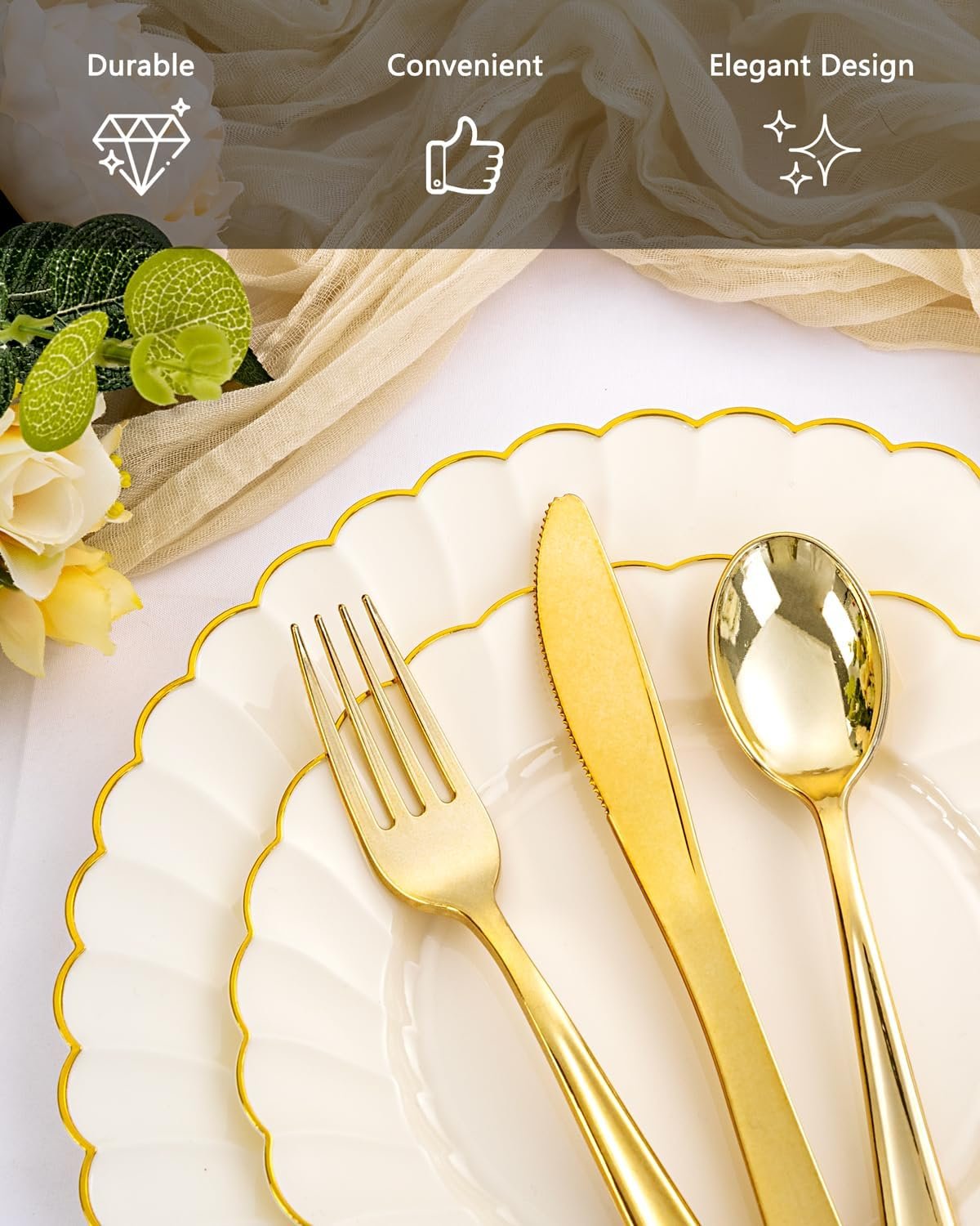 Wholesale 350PCS Ivory Scalloped Plastic Plates Ivory Gold Disposable Dinnerware Set 100 Plates 150 Gold Silverware 50 Cups 50 Napkins Wedding Party Supplier