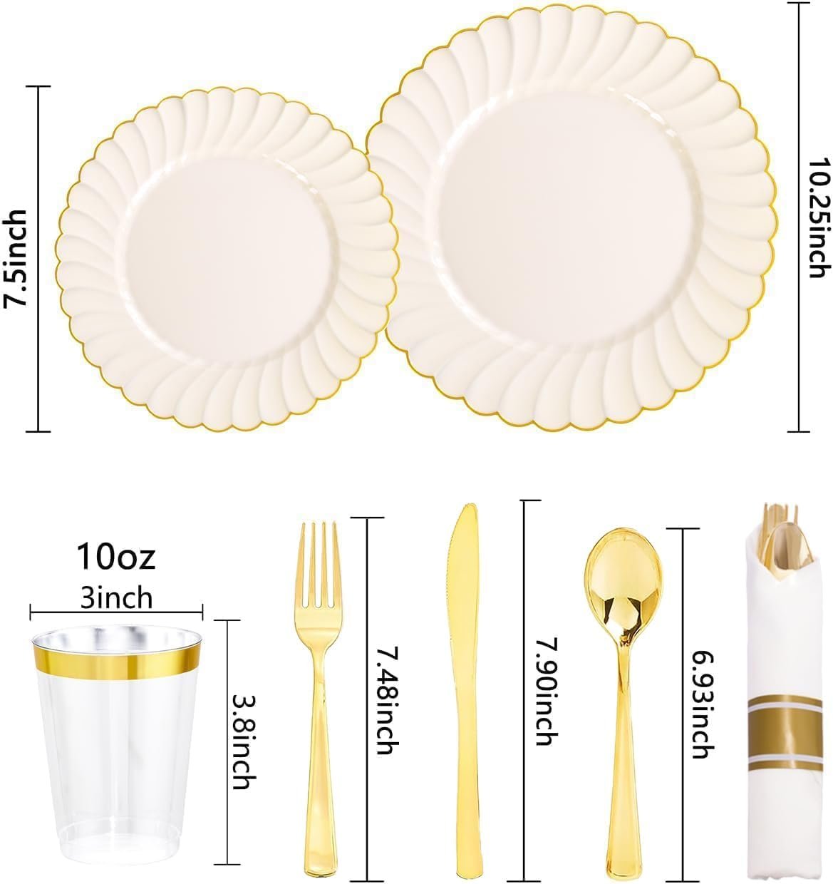 Wholesale 350PCS Ivory Scalloped Plastic Plates Ivory Gold Disposable Dinnerware Set 100 Plates 150 Gold Silverware 50 Cups 50 Napkins Wedding Party Supplier