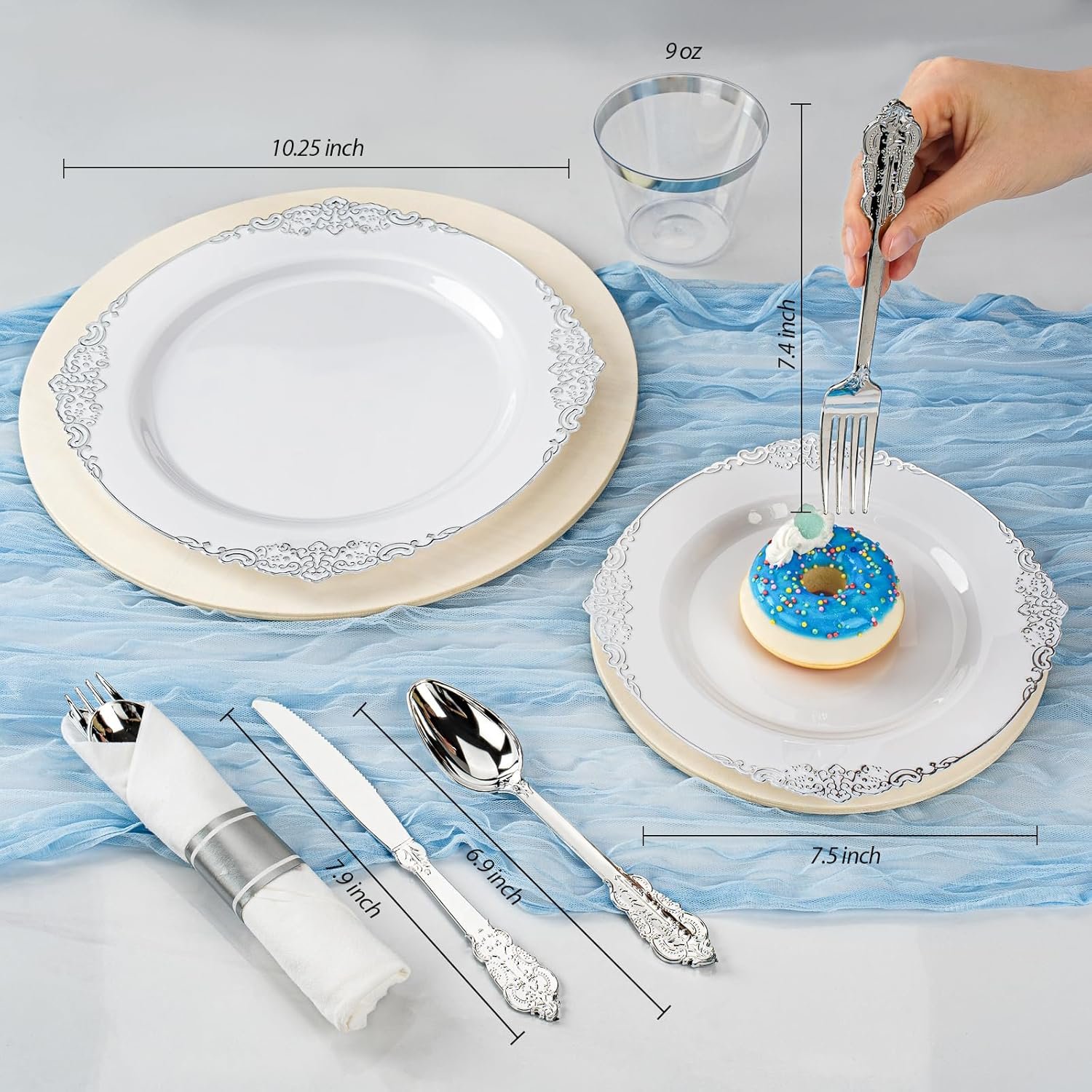 Wholesale 350PCS Silver Plastic Plates for 50 Guests Disposable Dinnerware Sets 100 Silver Rim Plates 50 Silverware 50 Pre-Rolled Napkins Party Wedding Decor Supplier