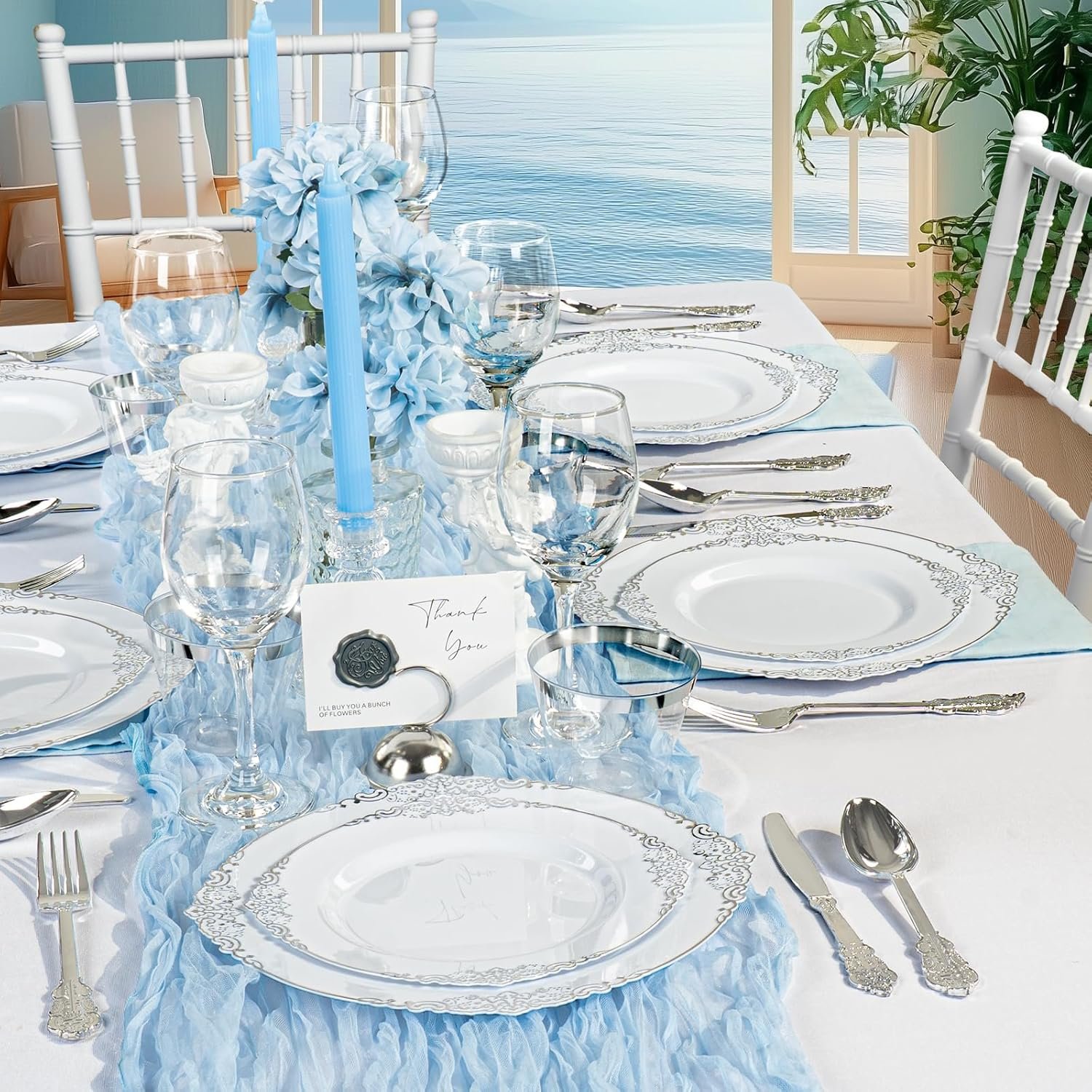 Wholesale 350PCS Silver Plastic Plates for 50 Guests Disposable Dinnerware Sets 100 Silver Rim Plates 50 Silverware 50 Pre-Rolled Napkins Party Wedding Decor Supplier