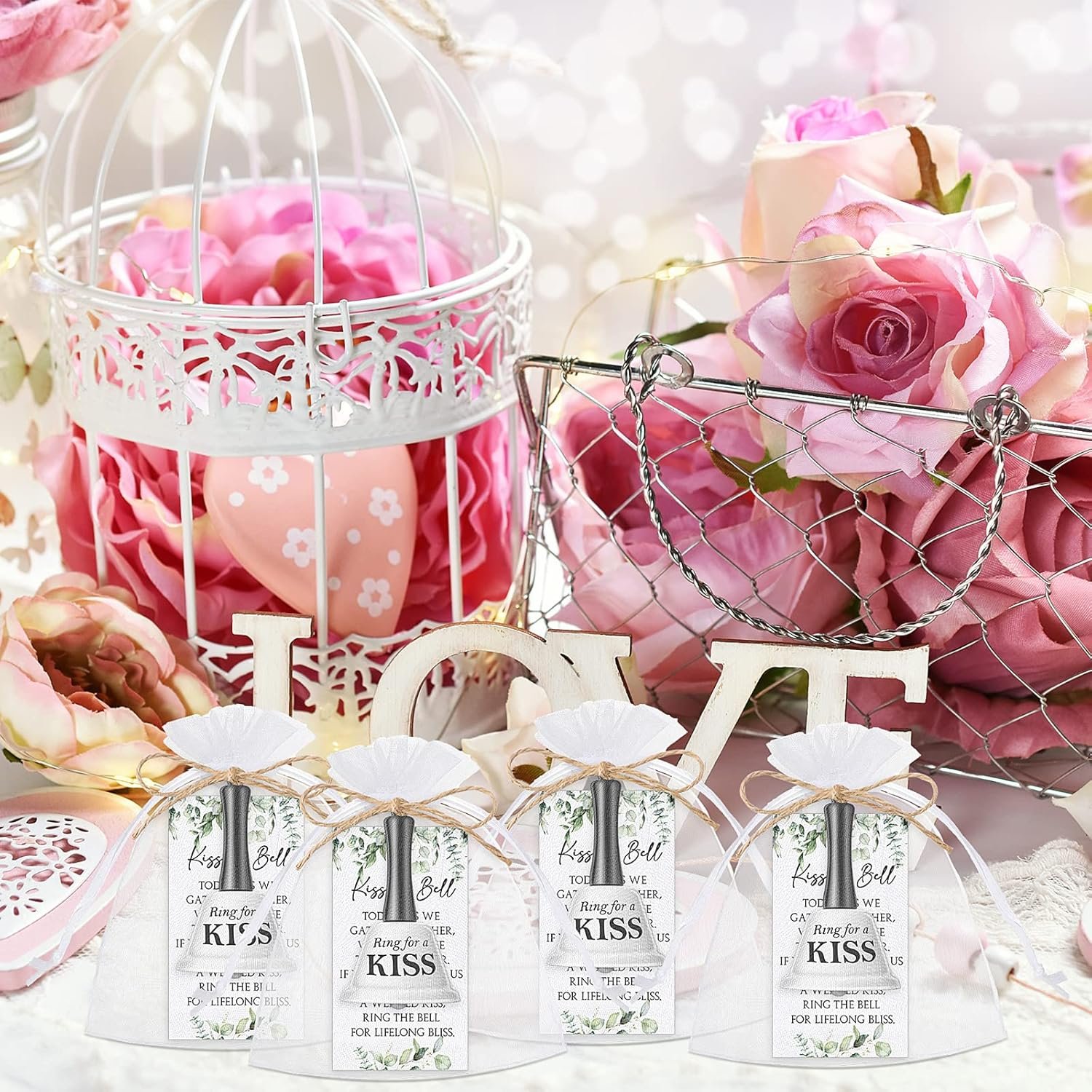 Wholesale Wedding Kissing Bells Bulk Party Favors Ring for Kiss with Greenery Cards Organza Bags Jute Rope Mini Bells Reception Goody Bags 60 Sets Supplier