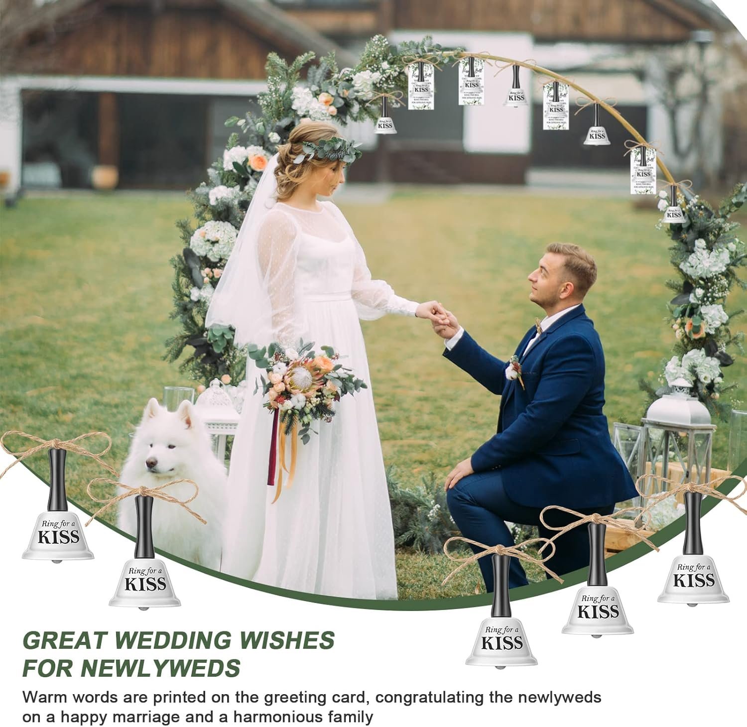 Wholesale Wedding Kissing Bells Bulk Party Favors Ring for Kiss with Greenery Cards Organza Bags Jute Rope Mini Bells Reception Goody Bags 60 Sets Supplier