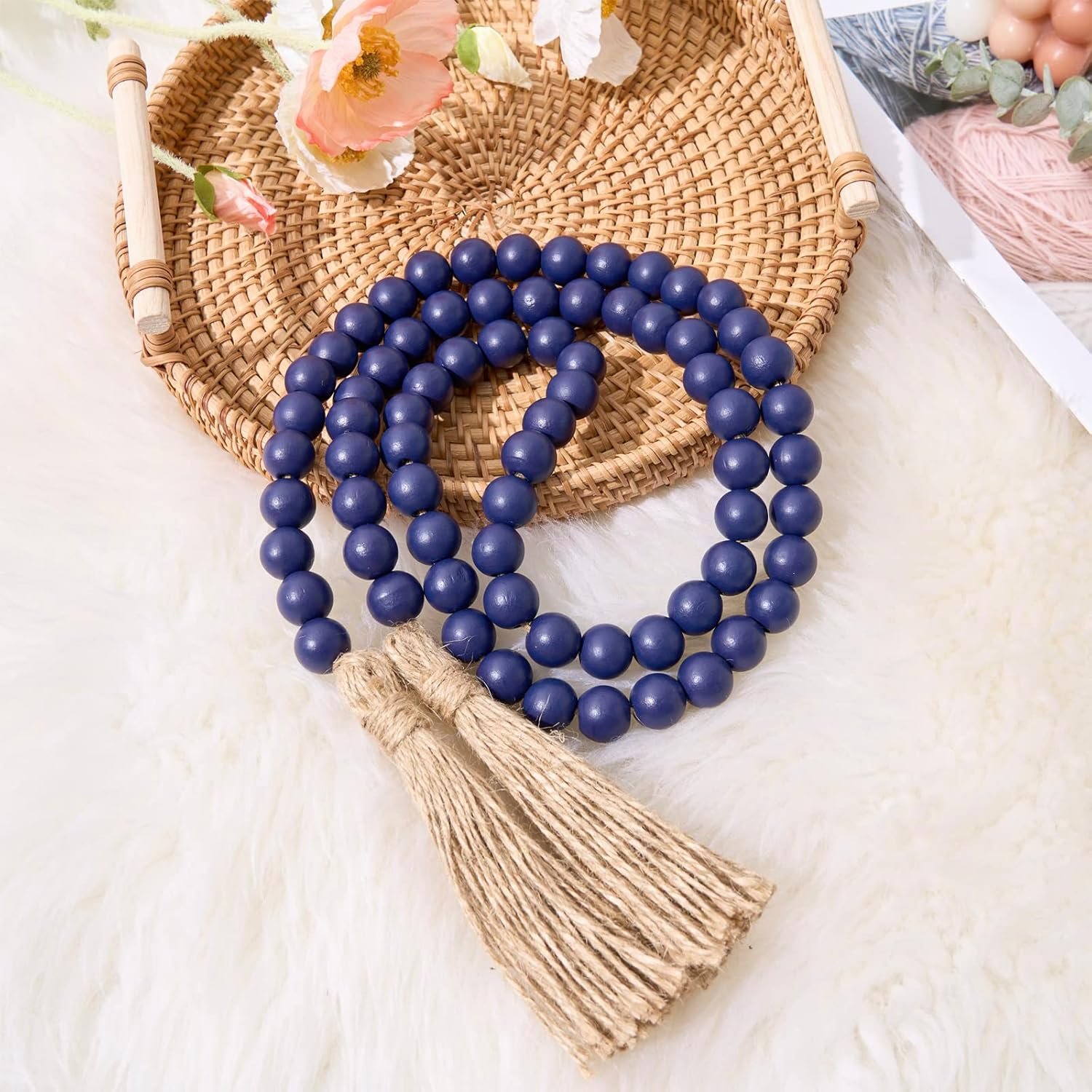 Wholesale 59in Wood Bead Tassel Garland Navy Blue Farmhouse Wall Hanging Home Festival Decor Supplier