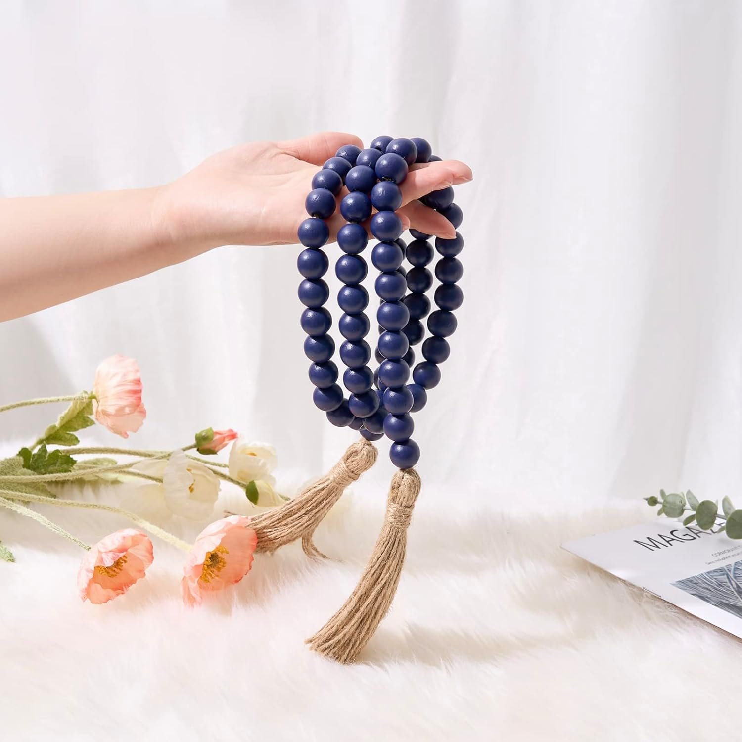 Wholesale 59in Wood Bead Tassel Garland Navy Blue Farmhouse Wall Hanging Home Festival Decor Supplier