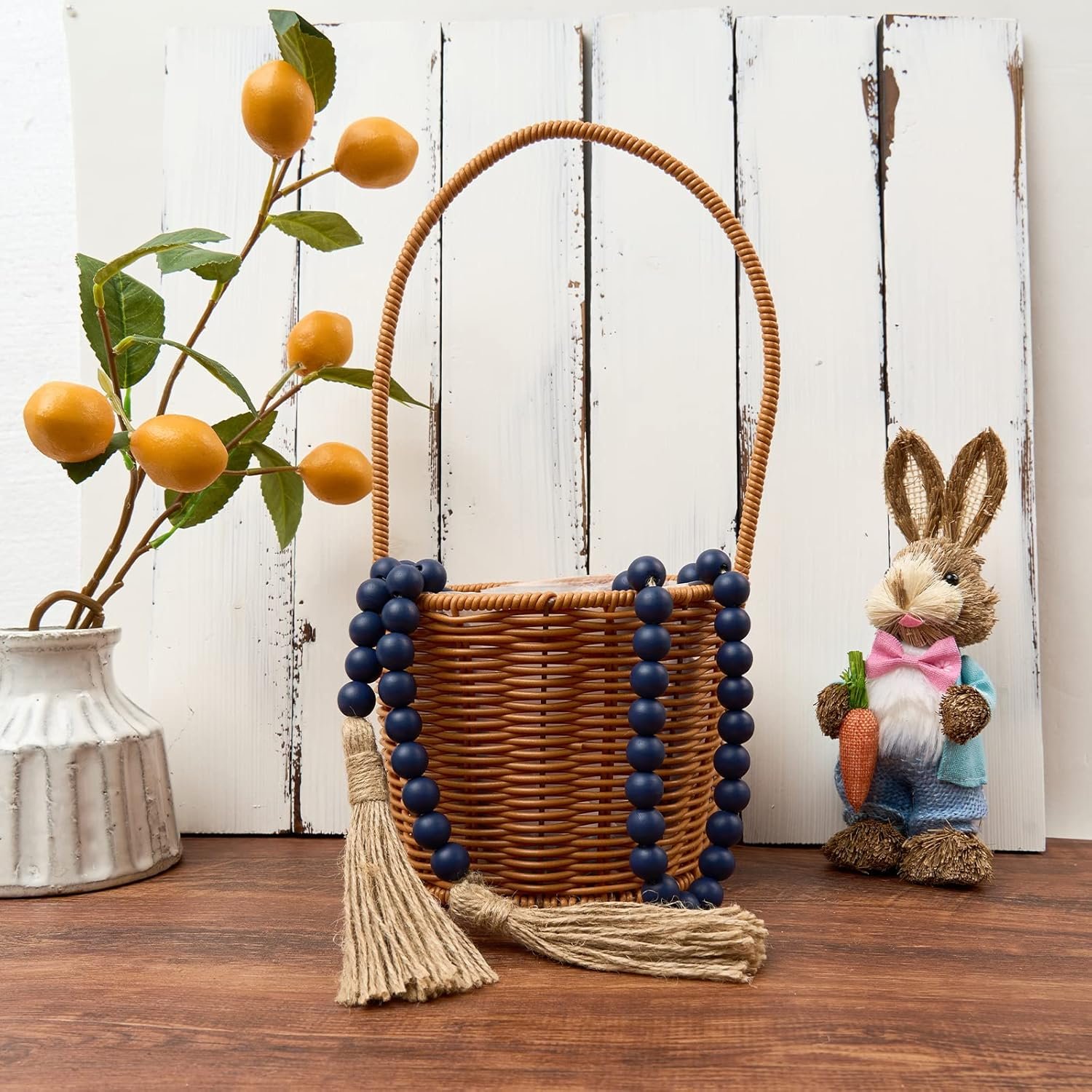 Wholesale 59in Wood Bead Tassel Garland Navy Blue Farmhouse Wall Hanging Home Festival Decor Supplier