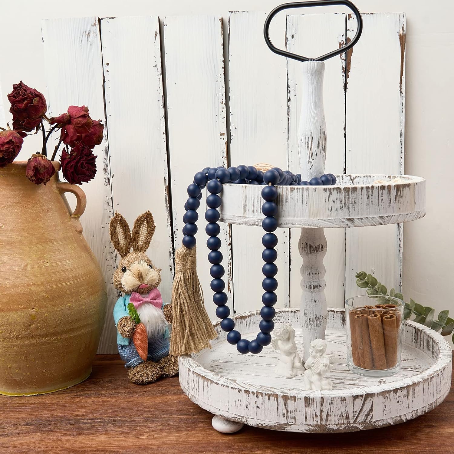 Wholesale 59in Wood Bead Tassel Garland Navy Blue Farmhouse Wall Hanging Home Festival Decor Supplier