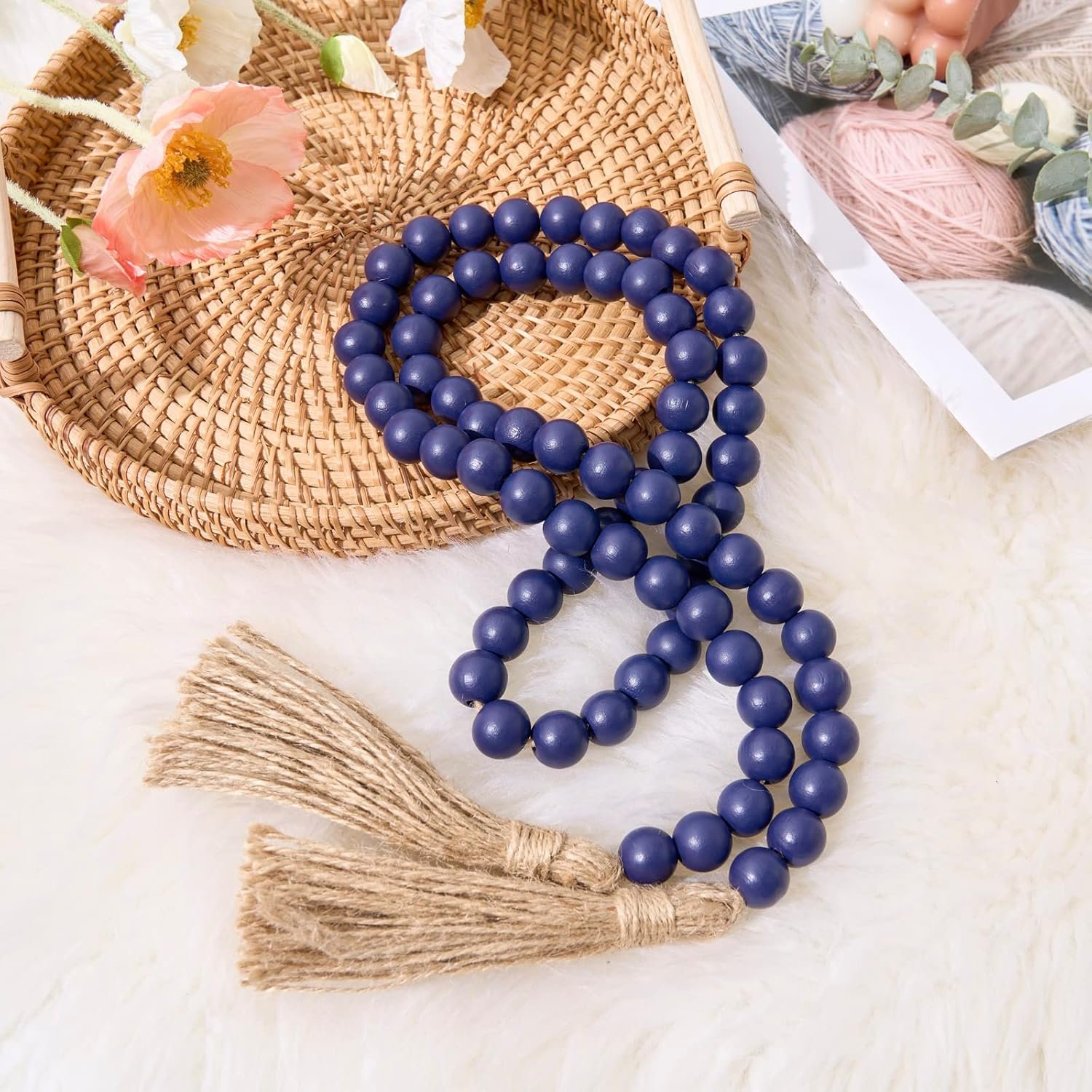 Wholesale 59in Wood Bead Tassel Garland Navy Blue Farmhouse Wall Hanging Home Festival Decor Supplier