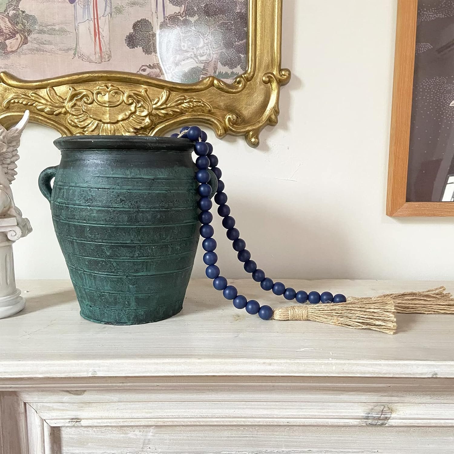 Wholesale 59in Wood Bead Tassel Garland Navy Blue Farmhouse Wall Hanging Home Festival Decor Supplier