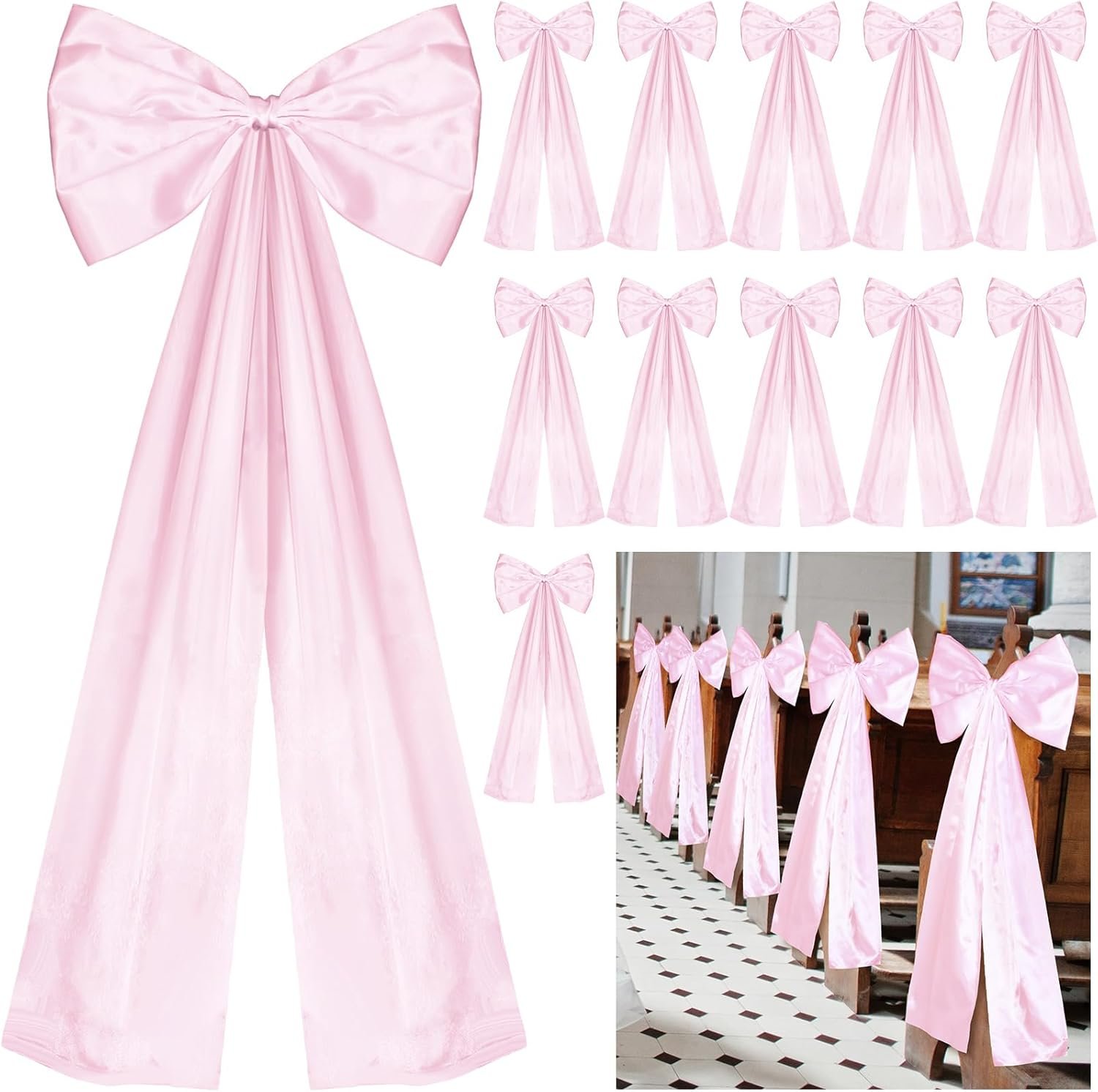 Knitgrip Large Wedding Pew Bows with Long Tails 12 x 29.5 Inch Wedding Aisle Decorations Bows Satin Ribbon Background Decor for Bridal Shower Reception Ceremony (Pink,12 Pcs)