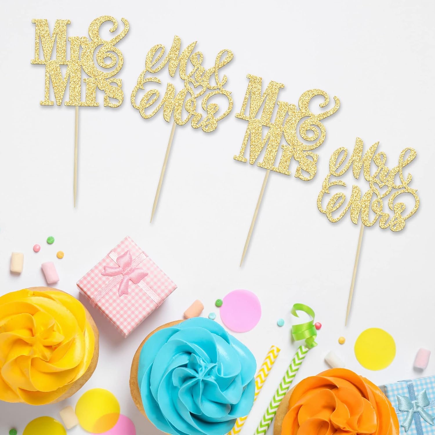 Wholesale 24Pcs Gold Glitter Mr & Mrs Cupcake Toppers Bridal Shower Wedding Engagement Birthday Party Cake Decorations Supplier Wholesale 24Pcs Gold Glitter Mr & Mrs Cupcake Toppers Bridal Shower Wedding Engagement Birthday Party Cake Decorations Supplier