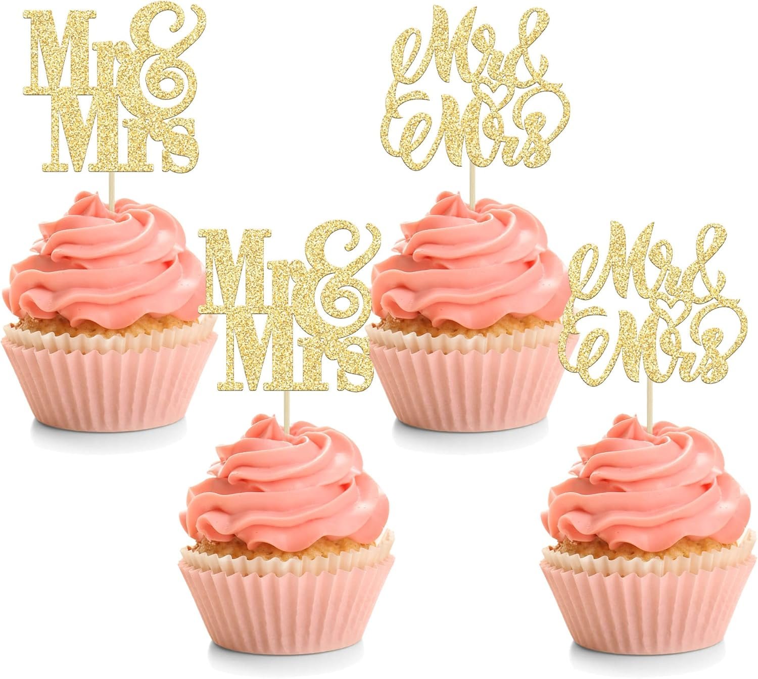 24Pcs Gold Glitter Mr & Mrs Cupcake Toppers Love Mr Mrs Bridal Shower Cupcake Picks Wedding Engagement Birthday Party Cake Decorations Supplies
