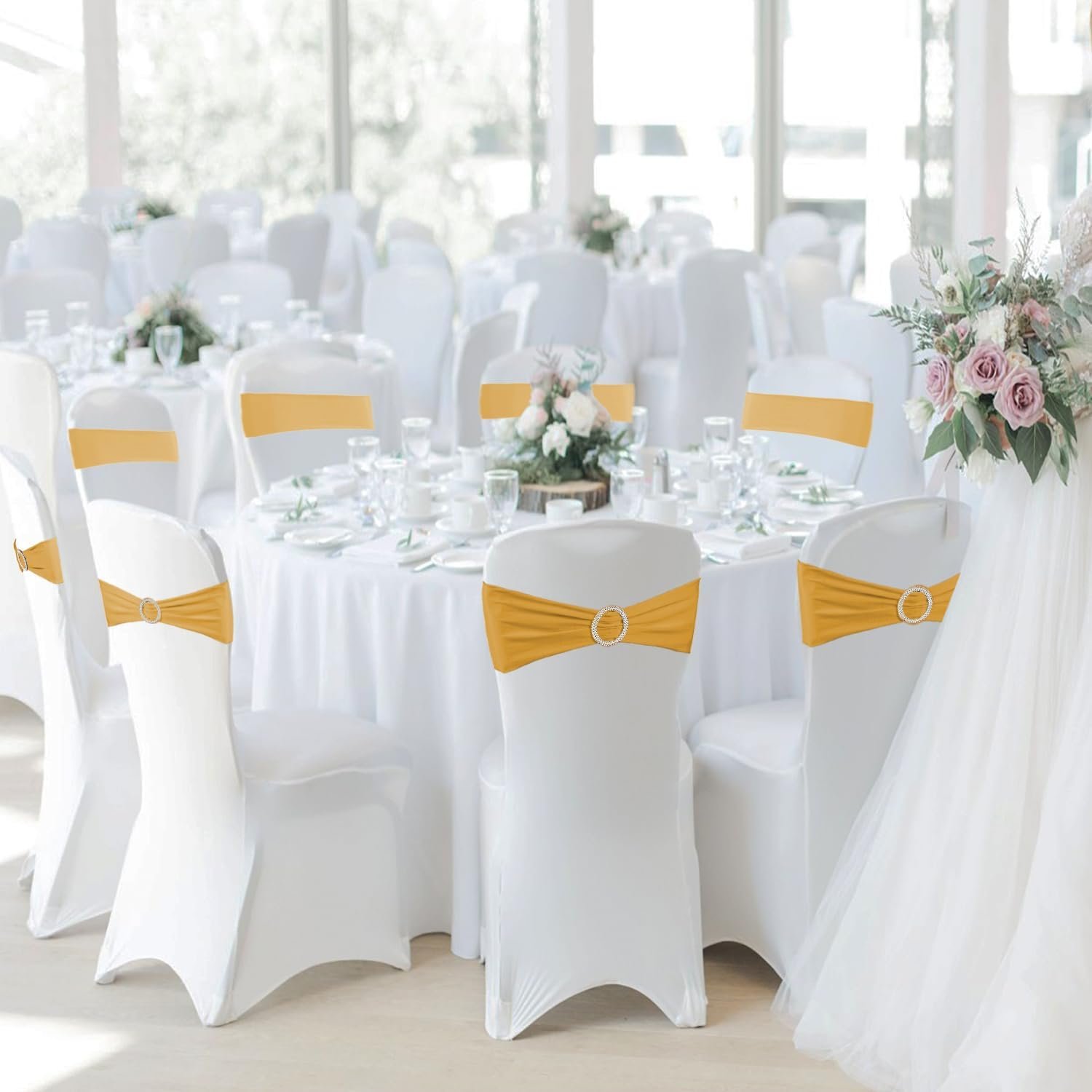 Wholesale 100PCS Spandex Stretch Chair Sashes Bows Elastic Bands Ties with Buckle Slider for Wedding Party Reception Events Ceremony Banquet Decorations Gold Supplier Wholesale 100PCS Spandex Stretch Chair Sashes Bows Elastic Bands Ties with Buckle Slider for Wedding Party Reception Events Ceremony Banquet Decorations Gold Supplier