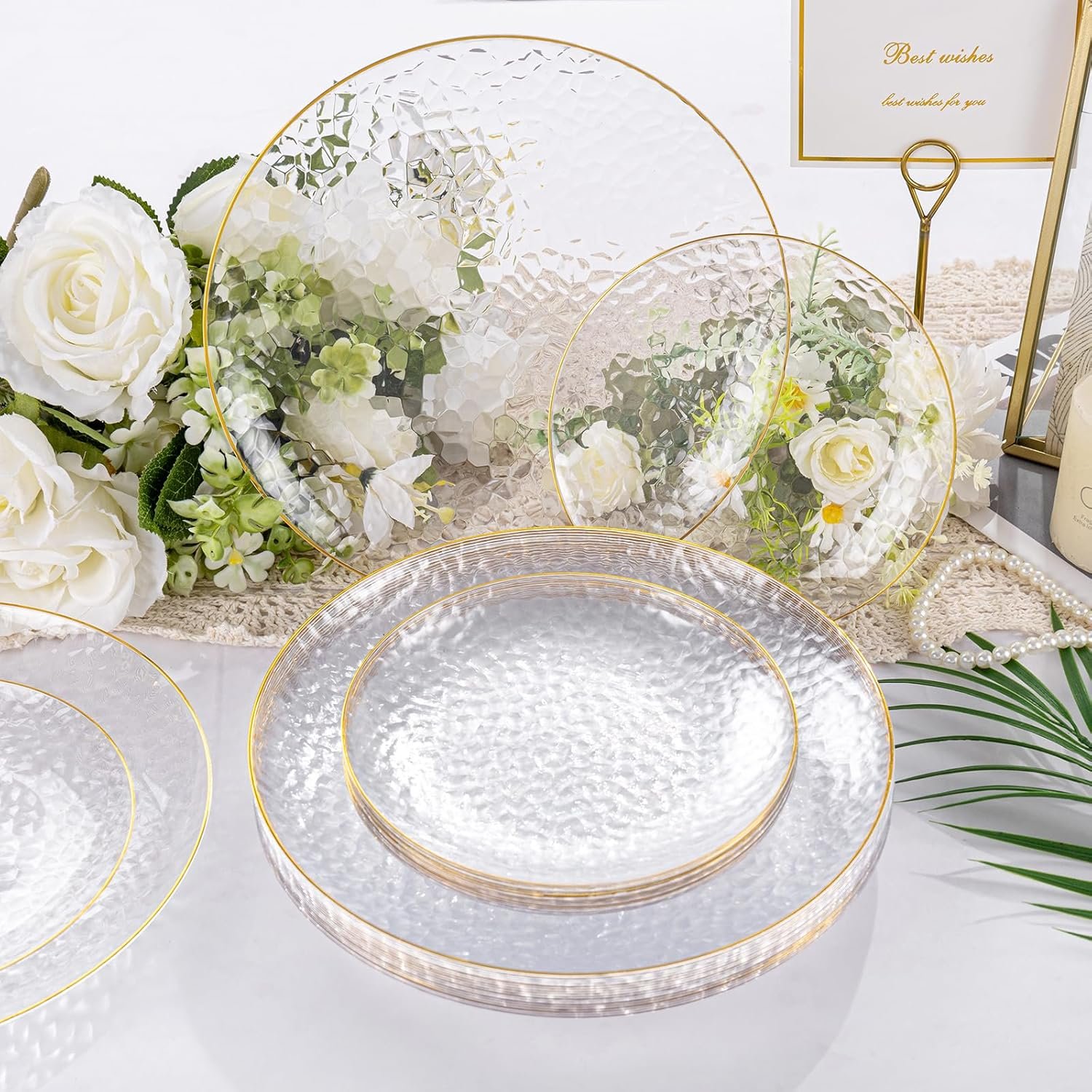 Wholesale 60Pcs Clear Plastic Disposable Plates with Gold Rim Heavy-Duty Hammered Design 30 Dessert 30 Dinner Plates for Weddings Parties Supplier