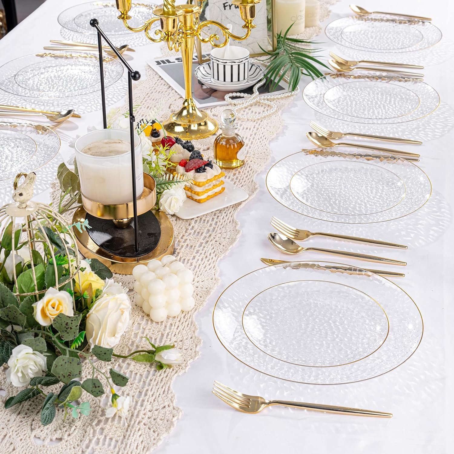 Wholesale 60Pcs Clear Plastic Disposable Plates with Gold Rim Heavy-Duty Hammered Design 30 Dessert 30 Dinner Plates for Weddings Parties Supplier