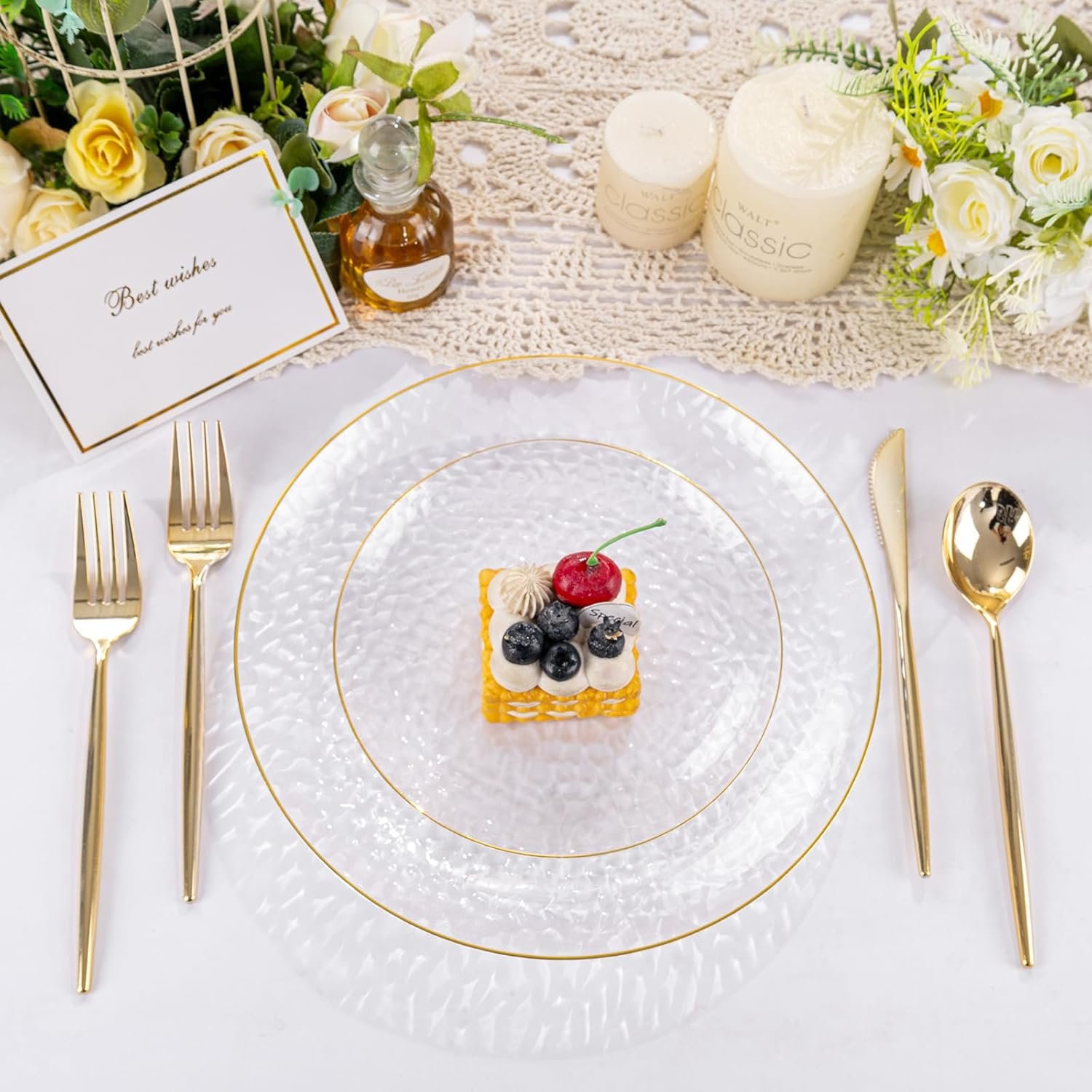 Wholesale 60Pcs Clear Plastic Disposable Plates with Gold Rim Heavy-Duty Hammered Design 30 Dessert 30 Dinner Plates for Weddings Parties Supplier