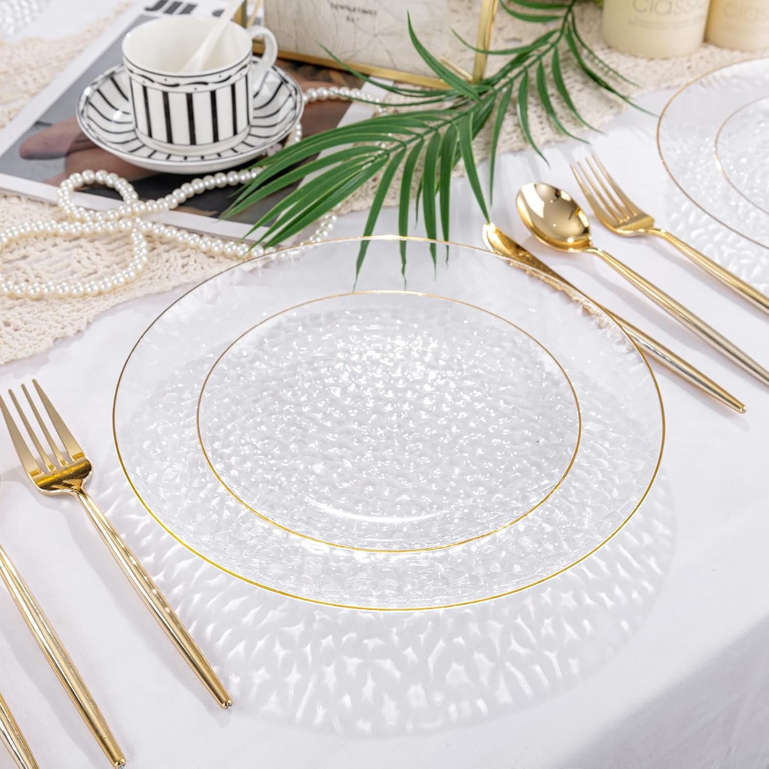 Wholesale 60Pcs Clear Plastic Disposable Plates with Gold Rim Heavy-Duty Hammered Design 30 Dessert 30 Dinner Plates for Weddings Parties Supplier
