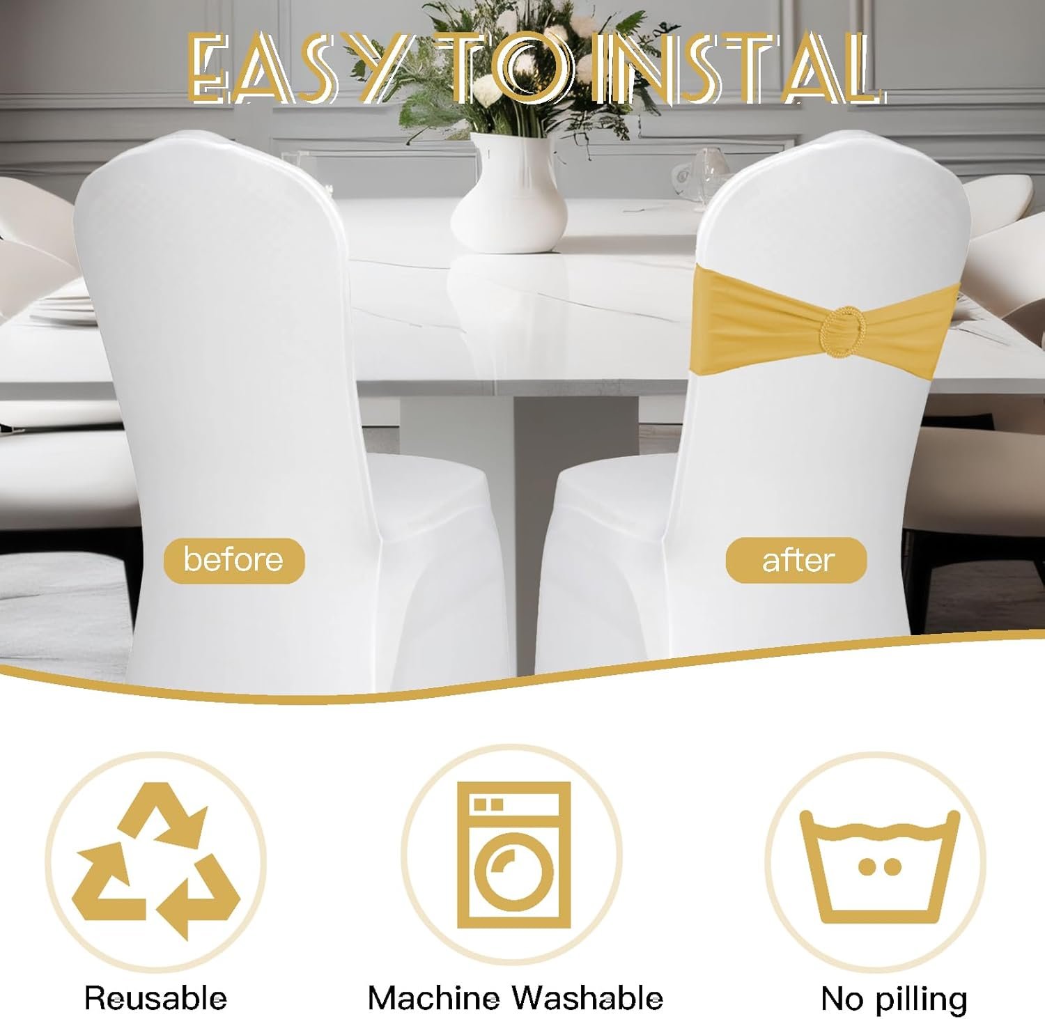 Wholesale 100PCS Spandex Stretch Gold Chair Sashes Bows Universal Elastic Bands Ties with Buckle Slider for Wedding Party Events Supplier