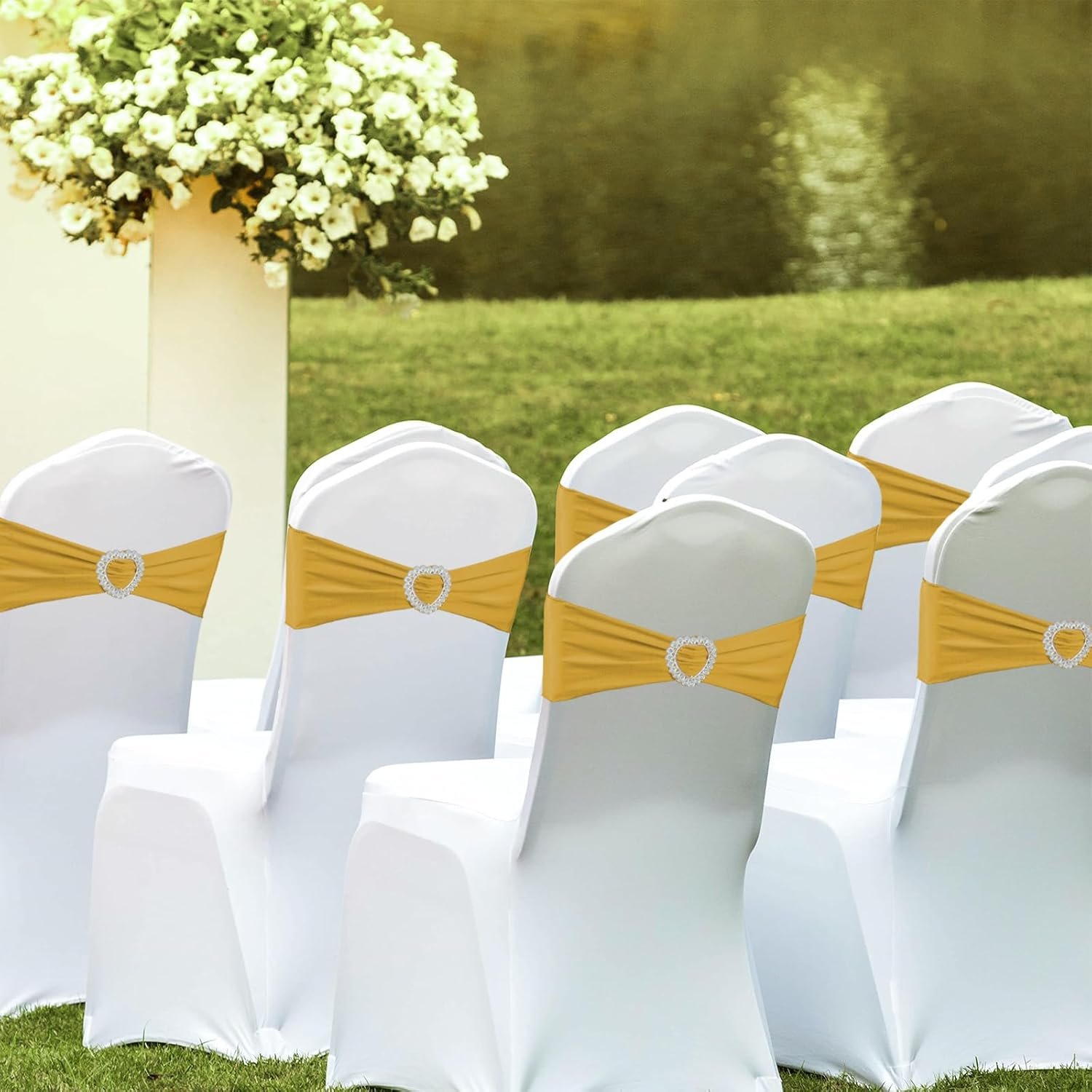 Wholesale 100PCS Spandex Stretch Gold Chair Sashes Bows Universal Elastic Bands Ties with Buckle Slider for Wedding Party Events Supplier