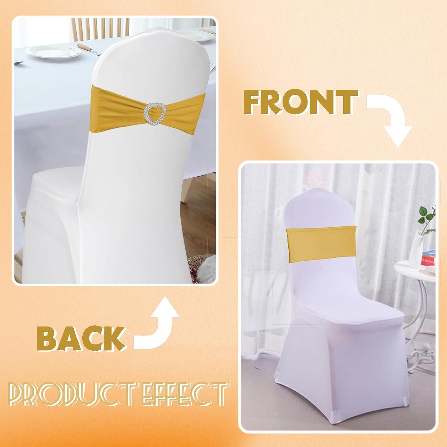 Wholesale 100PCS Spandex Stretch Gold Chair Sashes Bows Universal Elastic Bands Ties with Buckle Slider for Wedding Party Events Supplier