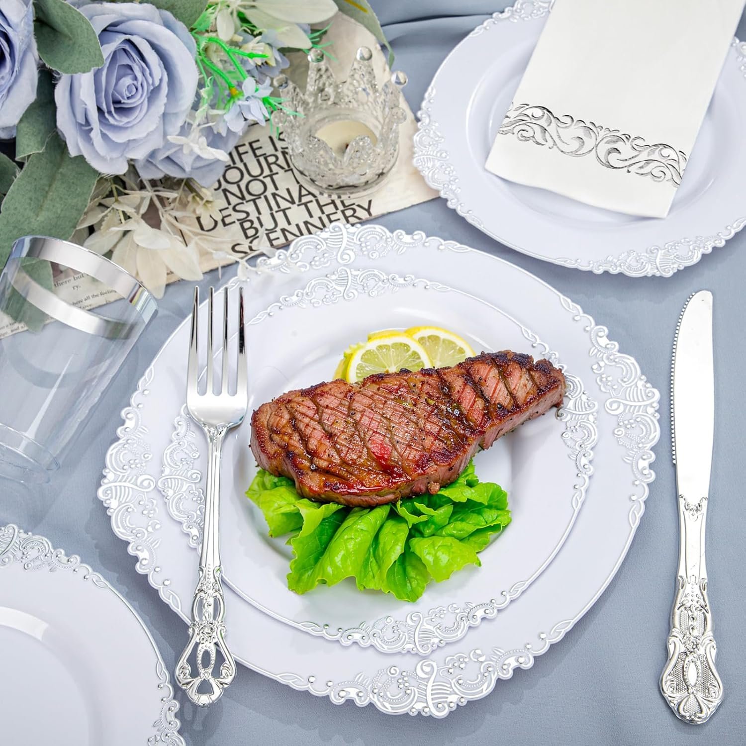 Wholesale 700PCS Silver White Disposable Plastic Plates Dinnerware Set 200 Plates 300 Heavy Duty Silverware 100 Cups 100 Napkins Wedding Party Supplier