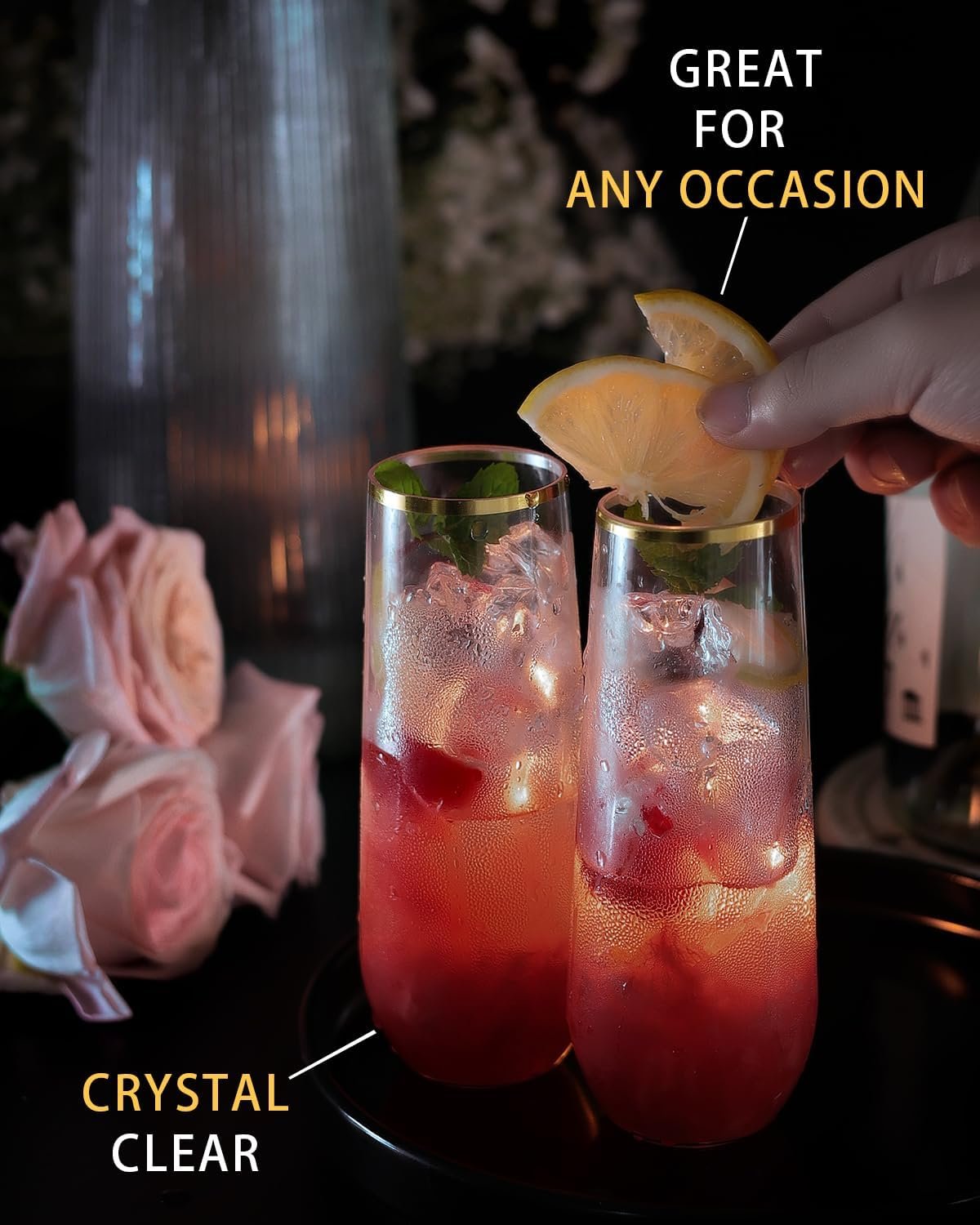 Wholesale 24 Pack 9 Oz Disposable Stemless Plastic Champagne Flutes Gold Rim Mimosa Toasting Glasses Clear Crystal Cocktail Cups Party Wedding Birthday Supplier