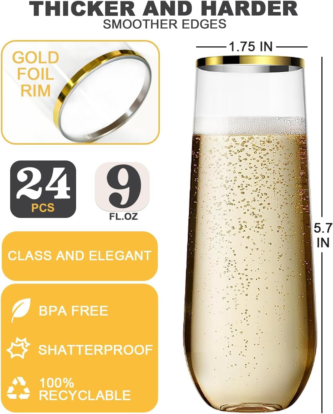 Wholesale 24 Pack 9 Oz Disposable Stemless Plastic Champagne Flutes Gold Rim Mimosa Toasting Glasses Clear Crystal Cocktail Cups Party Wedding Birthday Supplier