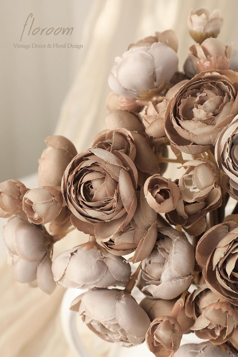 Wholesale 18 Pcs Taupe Brown Faux Silk Mini Ranunculus Artificial Flowers Bulk Fake Wedding Filler for DIY Bouquets Centerpieces Bridal Shower Decor Supplier
