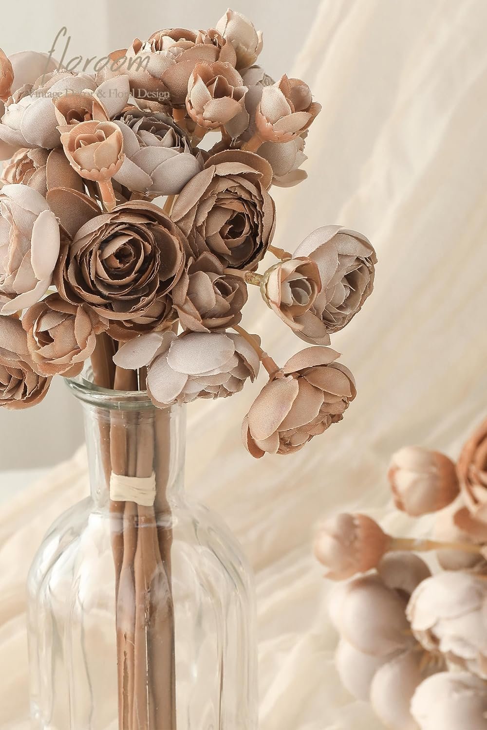 Wholesale 18 Pcs Taupe Brown Faux Silk Mini Ranunculus Artificial Flowers Bulk Fake Wedding Filler for DIY Bouquets Centerpieces Bridal Shower Decor Supplier
