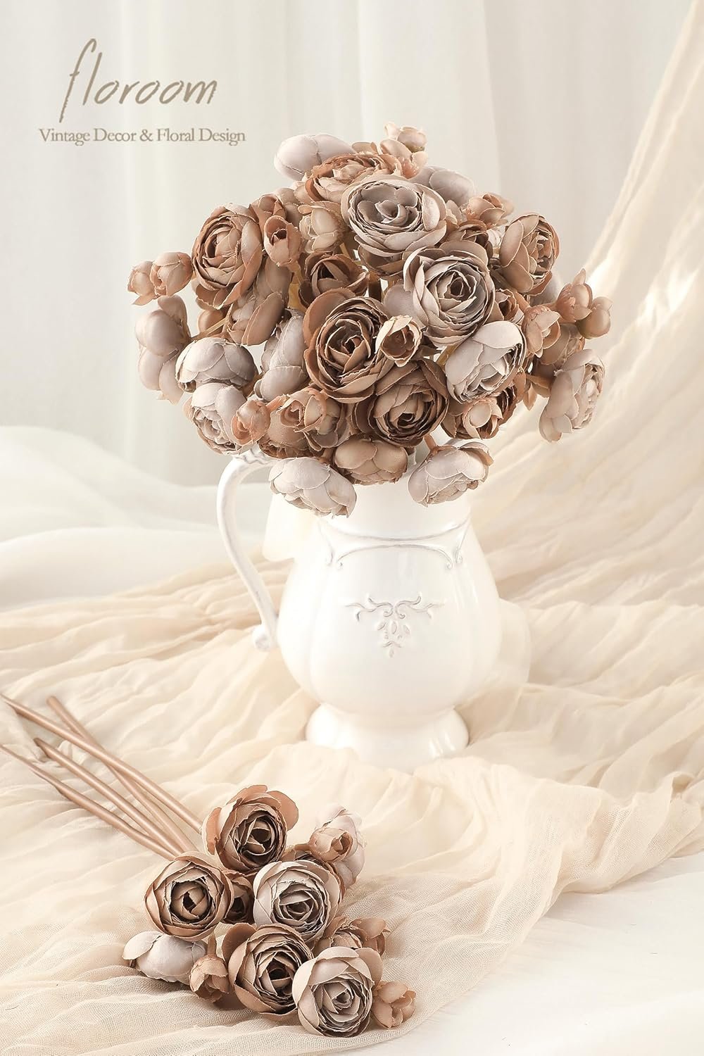 Wholesale 18 Pcs Taupe Brown Faux Silk Mini Ranunculus Artificial Flowers Bulk Fake Wedding Filler for DIY Bouquets Centerpieces Bridal Shower Decor Supplier