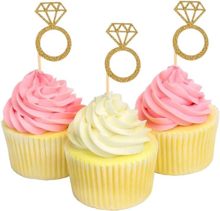 Wholesale 50 Pack Gold Glitter Mini Diamond Ring Cupcake Toppers Marriage Engagement Anniversary Birthday Valentines Party Cake Decor Supplier