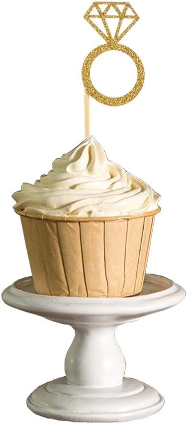 Wholesale 50 Pack Gold Glitter Mini Diamond Ring Cupcake Toppers Marriage Engagement Anniversary Birthday Valentines Party Cake Decor Supplier