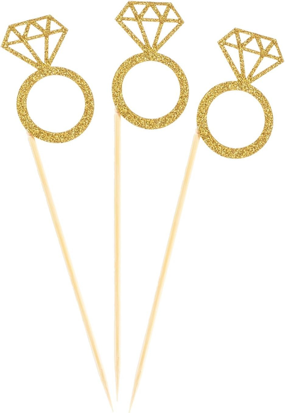 Wholesale 50 Pack Gold Glitter Mini Diamond Ring Cupcake Toppers Marriage Engagement Anniversary Birthday Valentines Party Cake Decor Supplier