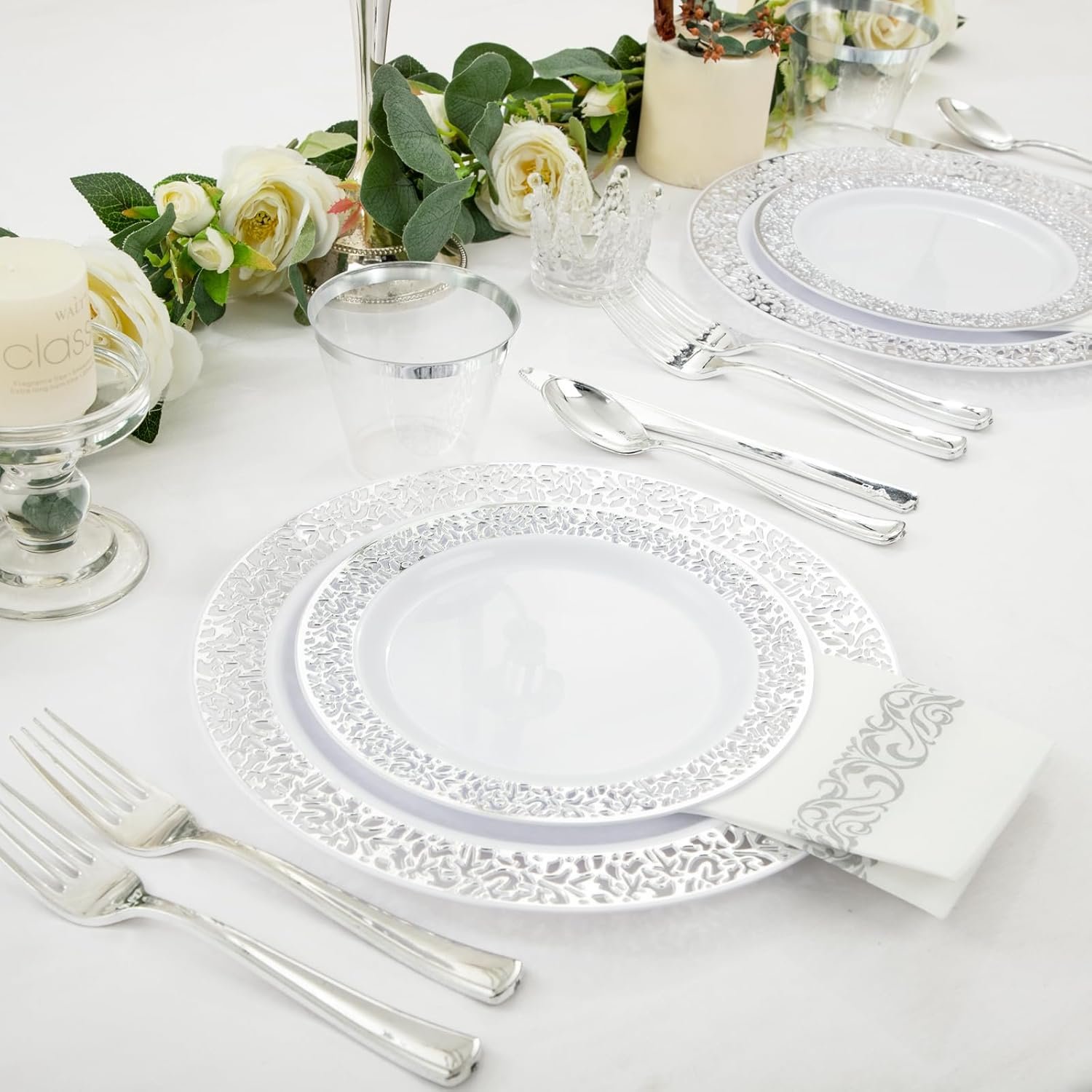Wholesale 350pcs Silver Disposable Heavy Duty Party Dinnerware Set for 50 Guests 50 Dinner Plates 50 Dessert Plates 50 Cups 50 Napkins 50 Silverware Supplier Wholesale 350pcs Silver Disposable Heavy Duty Party Dinnerware Set for 50 Guests 50 Dinner Plates 50 Dessert Plates 50 Cups 50 Napkins 50 Silverware Supplier