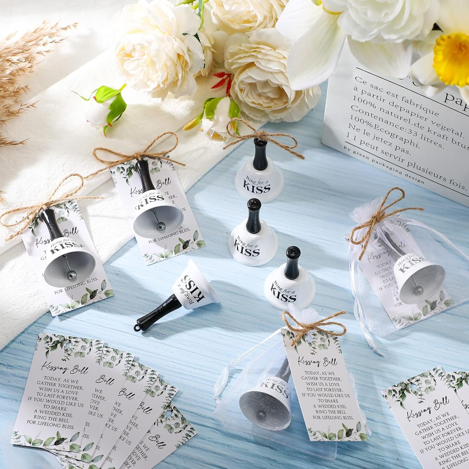 Wholesale Wedding Kissing Bells Bulk Party Favors Ring for Kiss Greenery Card Organza Bag Jute Rope Mini Bells Reception Goody Bags 30 Sets Supplier