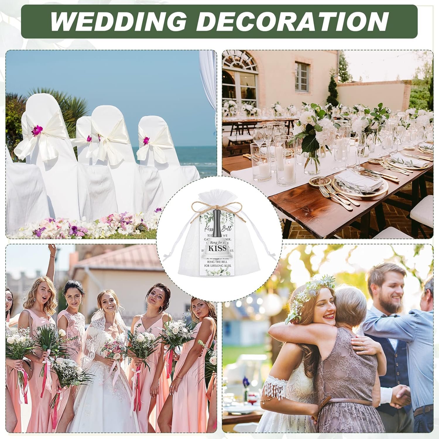 Wholesale Wedding Kissing Bells Bulk Party Favors Ring for Kiss Greenery Card Organza Bag Jute Rope Mini Bells Reception Goody Bags 30 Sets Supplier