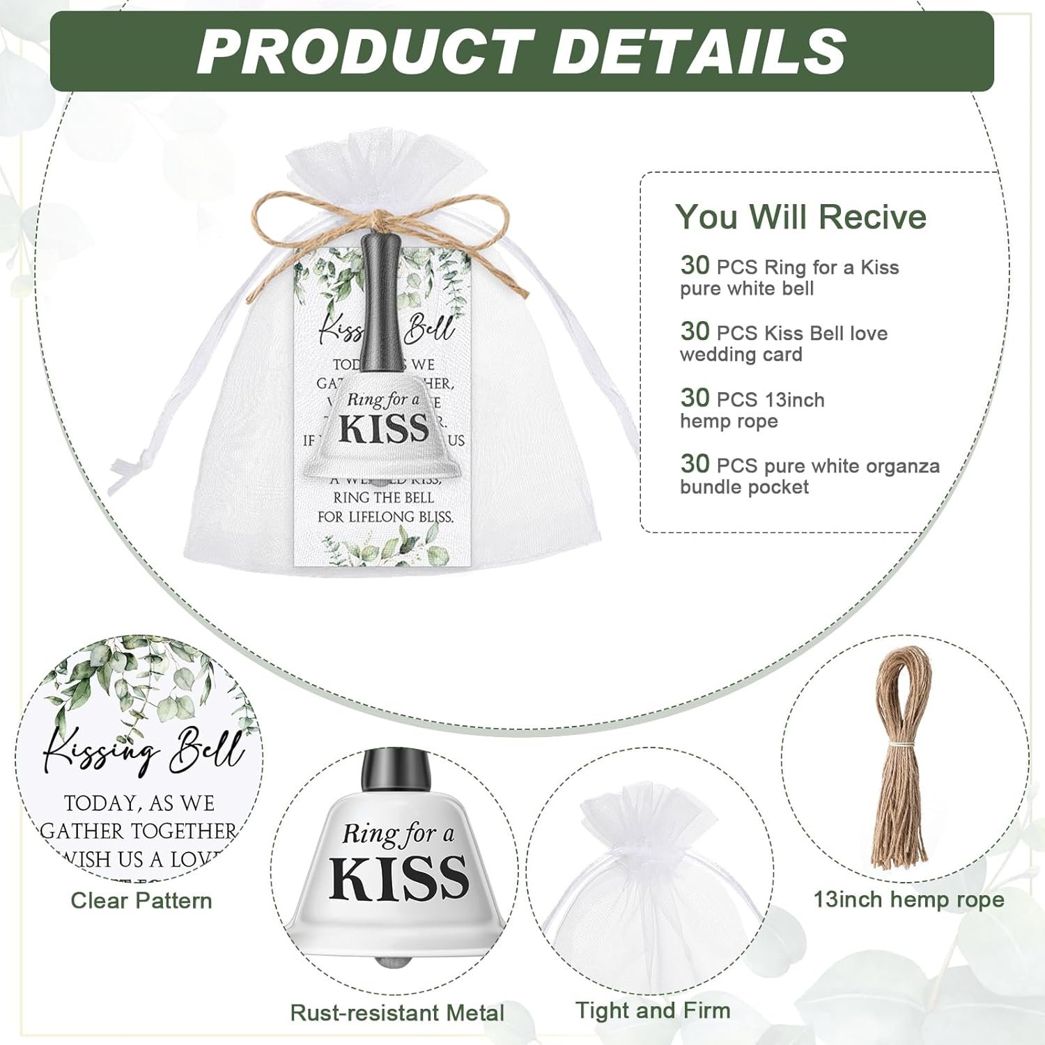 Wholesale Wedding Kissing Bells Bulk Party Favors Ring for Kiss Greenery Card Organza Bag Jute Rope Mini Bells Reception Goody Bags 30 Sets Supplier