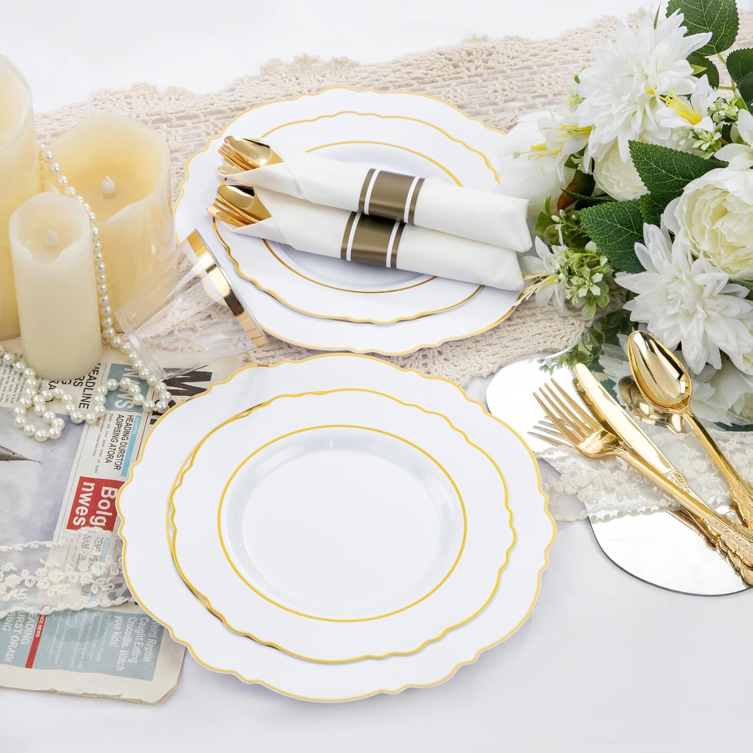 Wholesale 350PCS Disposable White Gold Plastic Plates for 50 Guests Baroque Dinnerware 100 Plates 50 Pre-Rolled Napkins with Silverware 50 Cups Wedding New Years Supplier
