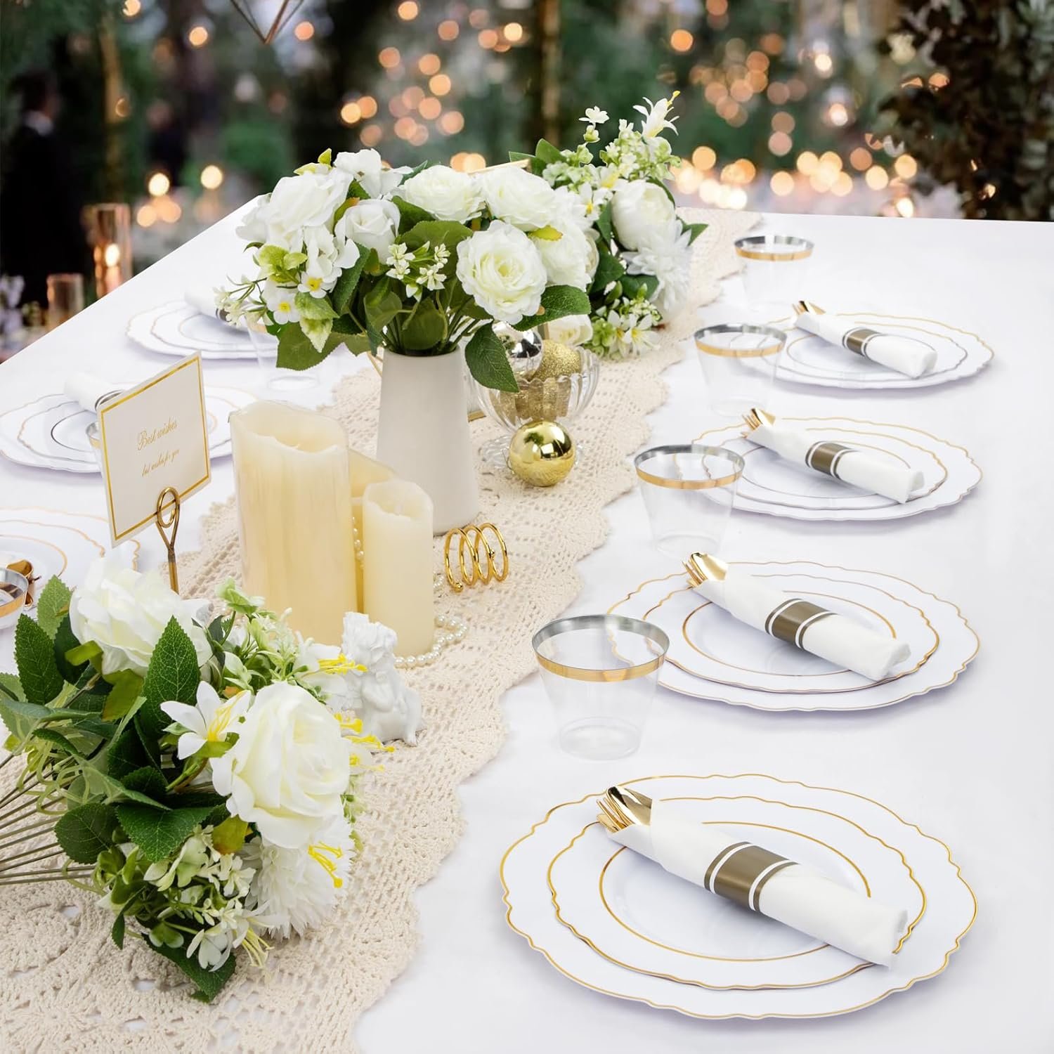 Wholesale 350PCS Disposable White Gold Plastic Plates for 50 Guests Baroque Dinnerware 100 Plates 50 Pre-Rolled Napkins with Silverware 50 Cups Wedding New Years Supplier