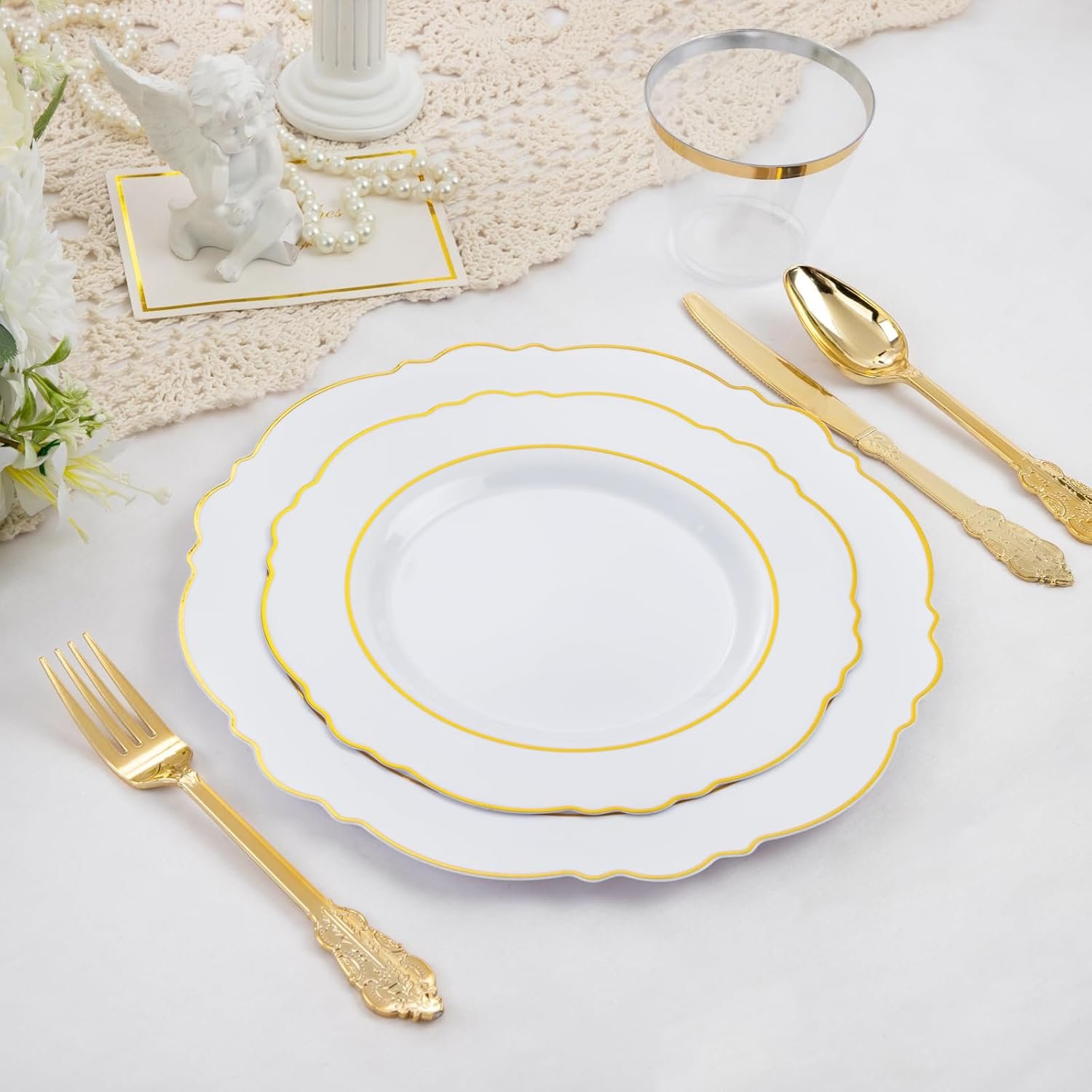 Wholesale 350PCS Disposable White Gold Plastic Plates for 50 Guests Baroque Dinnerware 100 Plates 50 Pre-Rolled Napkins with Silverware 50 Cups Wedding New Years Supplier